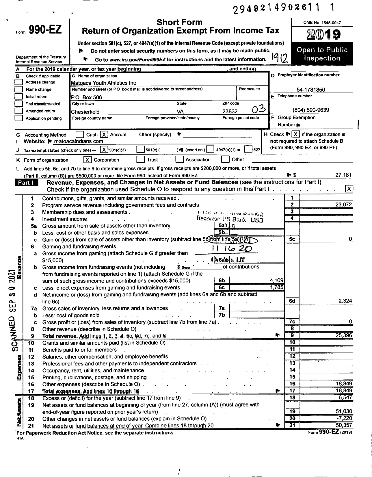 Image of first page of 2019 Form 990EZ for Matoaca Youth Athletics