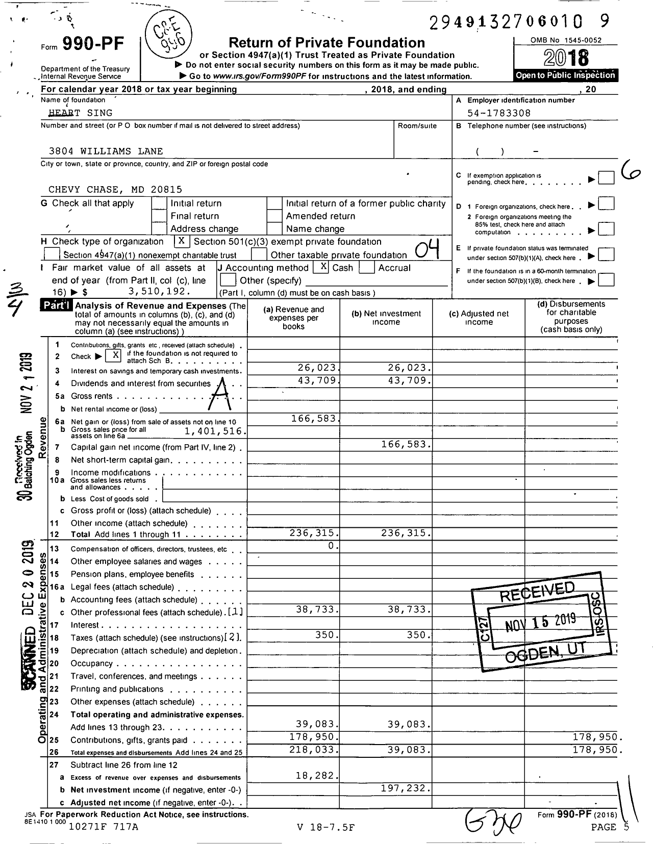 Image of first page of 2018 Form 990PF for Heart Sing