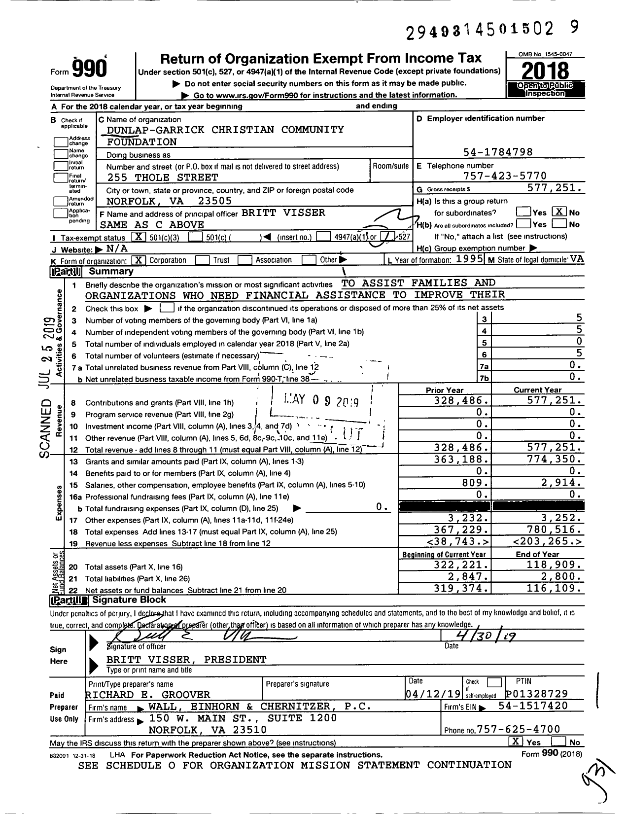 Image of first page of 2018 Form 990 for Dunlap-Garrick Christian Community Foundation