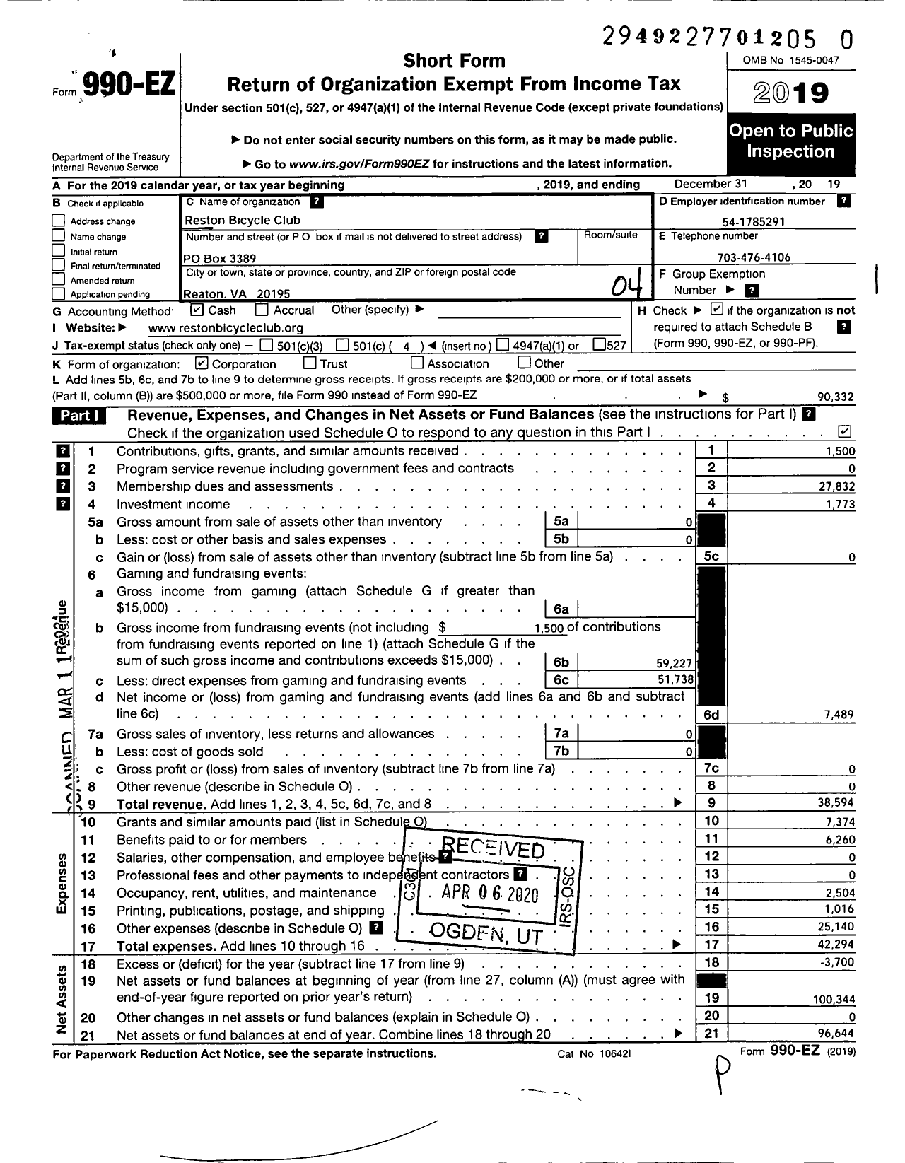 Image of first page of 2019 Form 990EO for Reston Bike Club