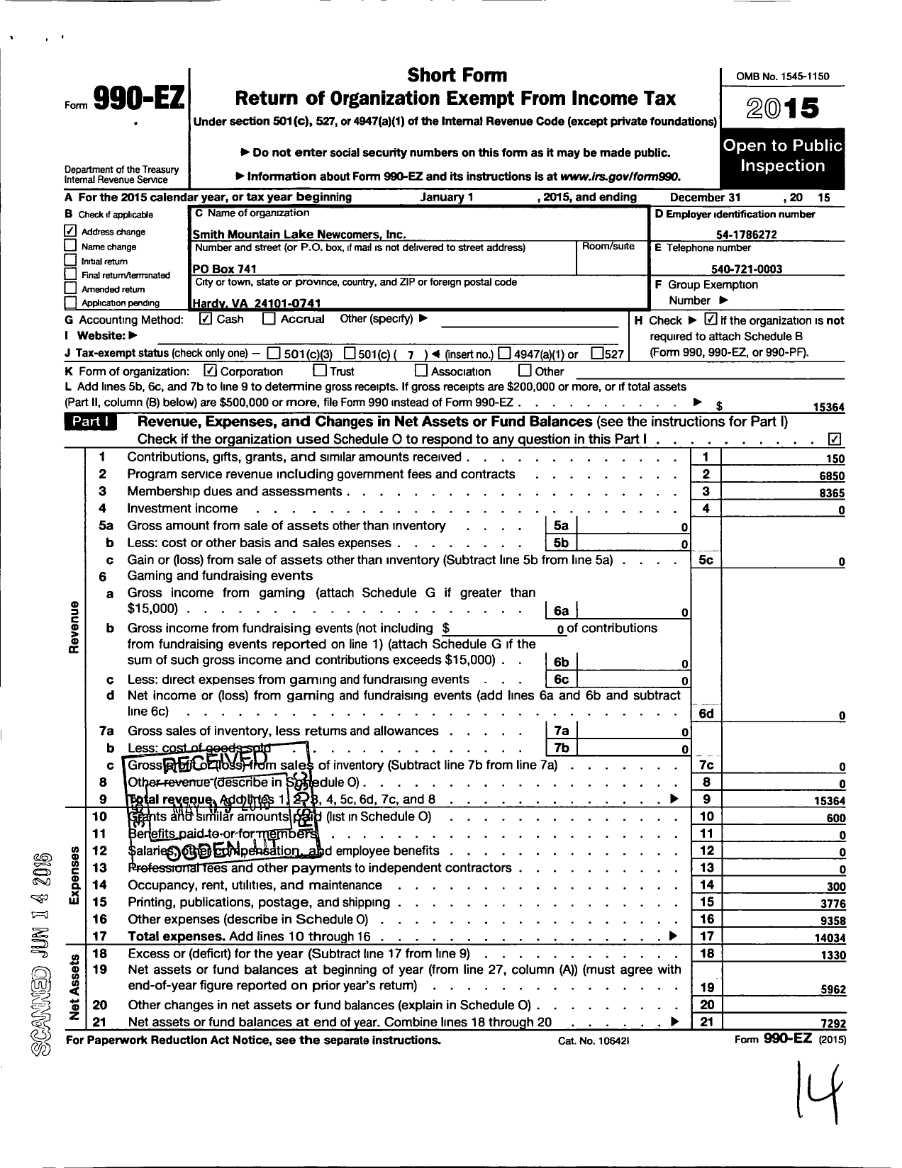 Image of first page of 2015 Form 990EO for Smith Mountain Lake Newcomers