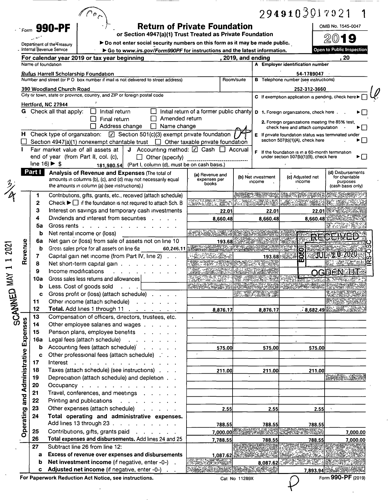 Image of first page of 2019 Form 990PF for Rufus Harrell Scholarship Foundation