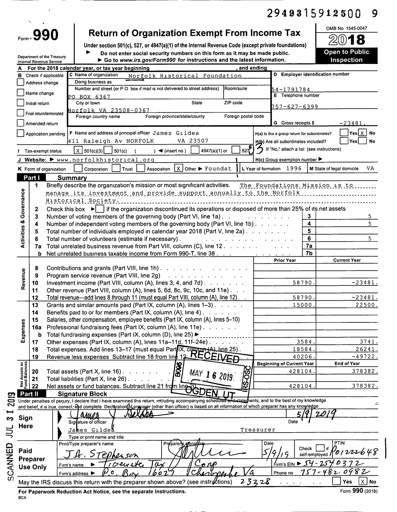 Image of first page of 2018 Form 990 for Norfolk Historical Foundation