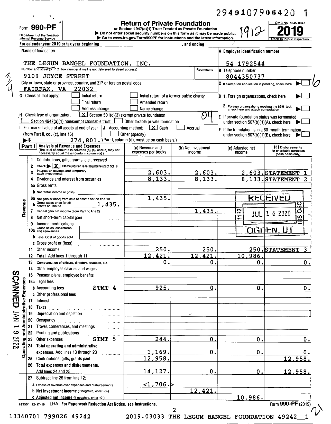 Image of first page of 2019 Form 990PF for The Legum Bangel Foundation