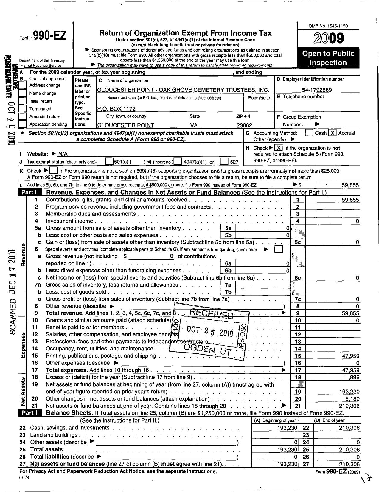 Image of first page of 2009 Form 990EO for Gloucester Point Oak Grove Cemetery Trustees