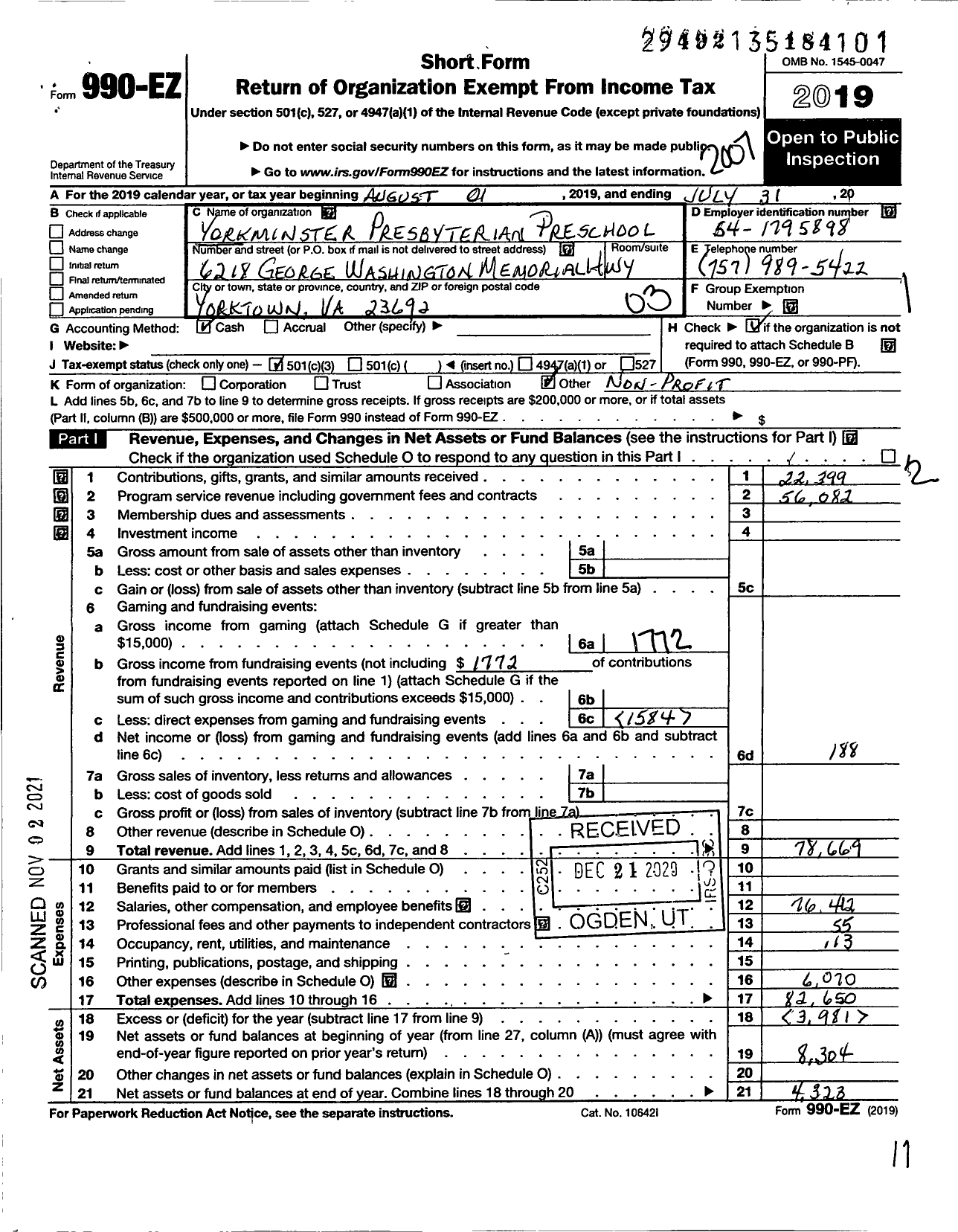 Image of first page of 2019 Form 990EZ for Yorkminster Presbyterian Preschool Yorkminster Presbyterian Church