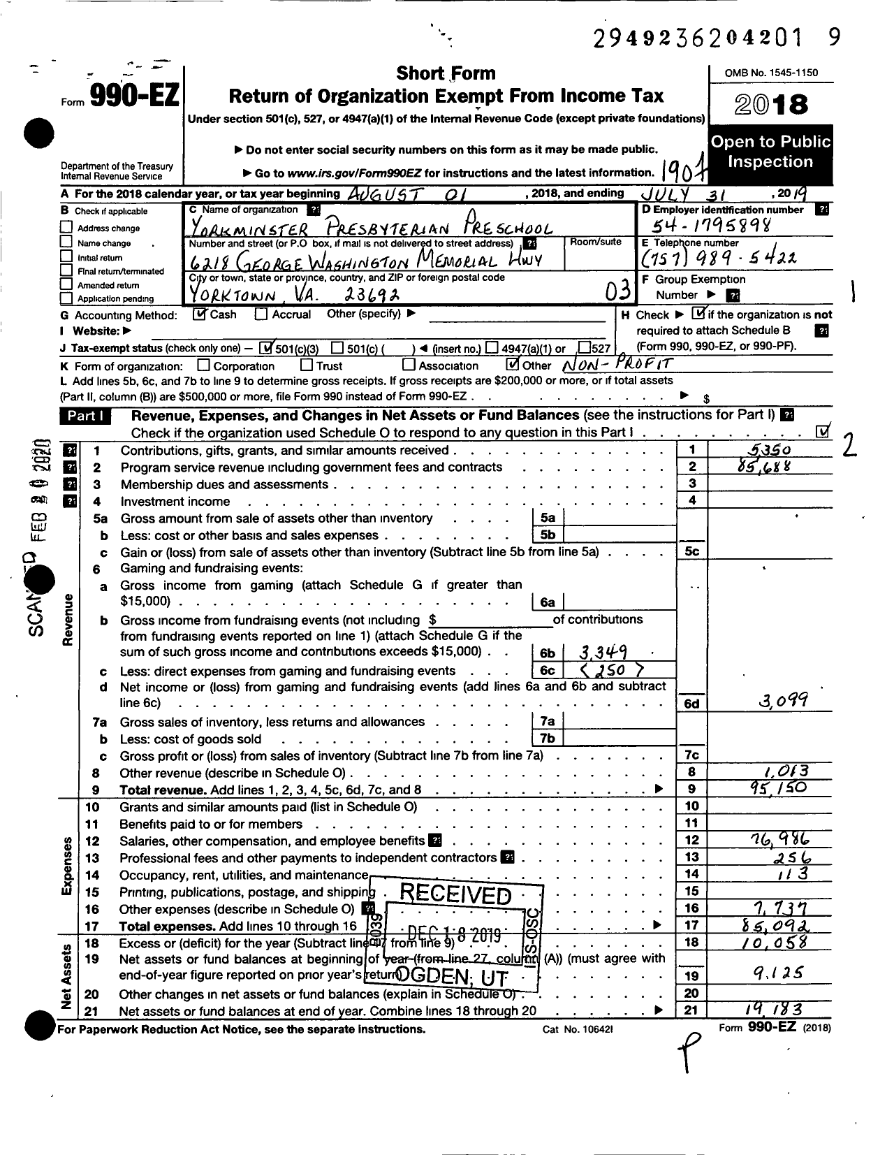 Image of first page of 2018 Form 990EZ for Yorkminster Presbyterian Preschool Yorkminster Presbyterian Church