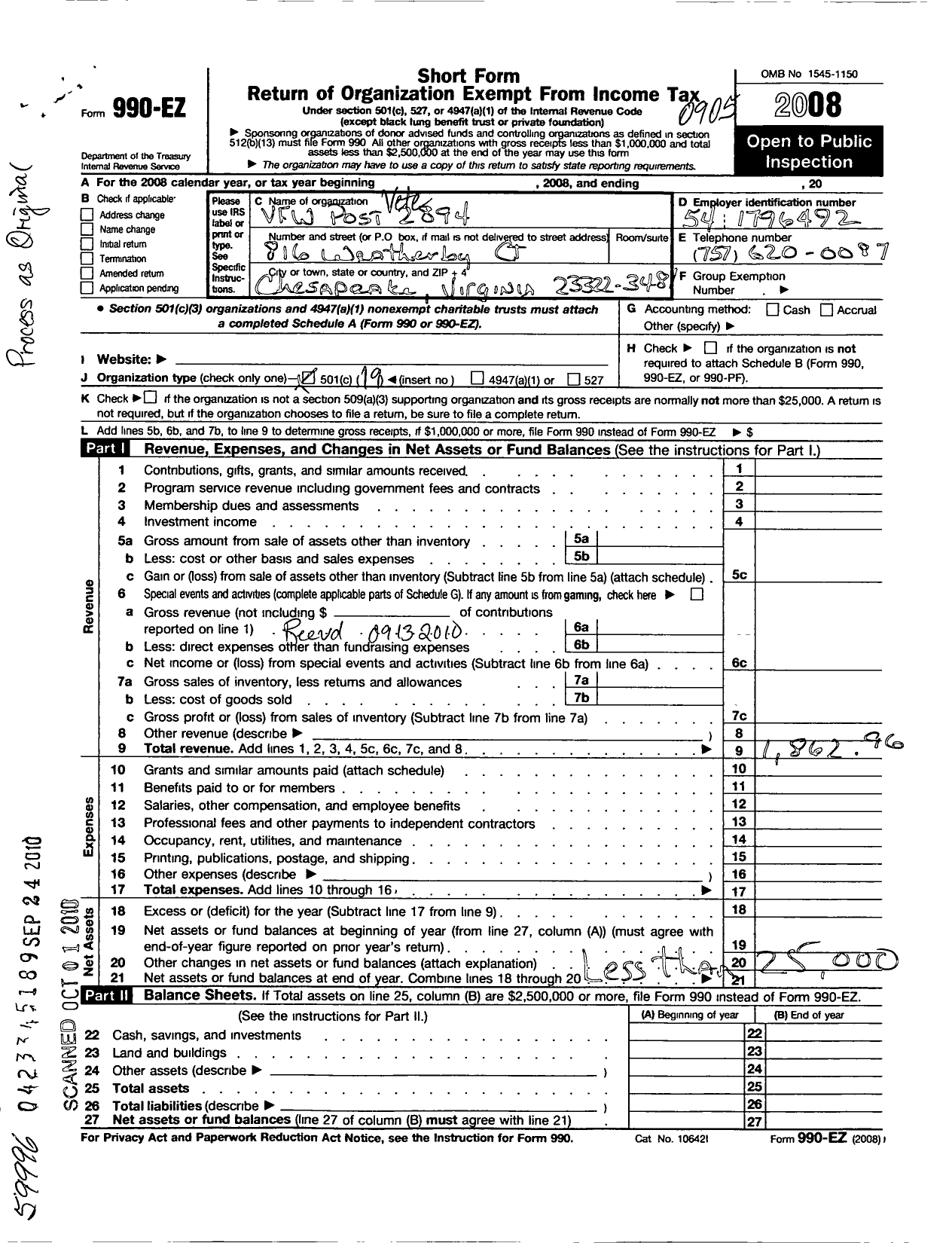 Image of first page of 2008 Form 990EO for VFW Virginia - 2894 Chesapeake