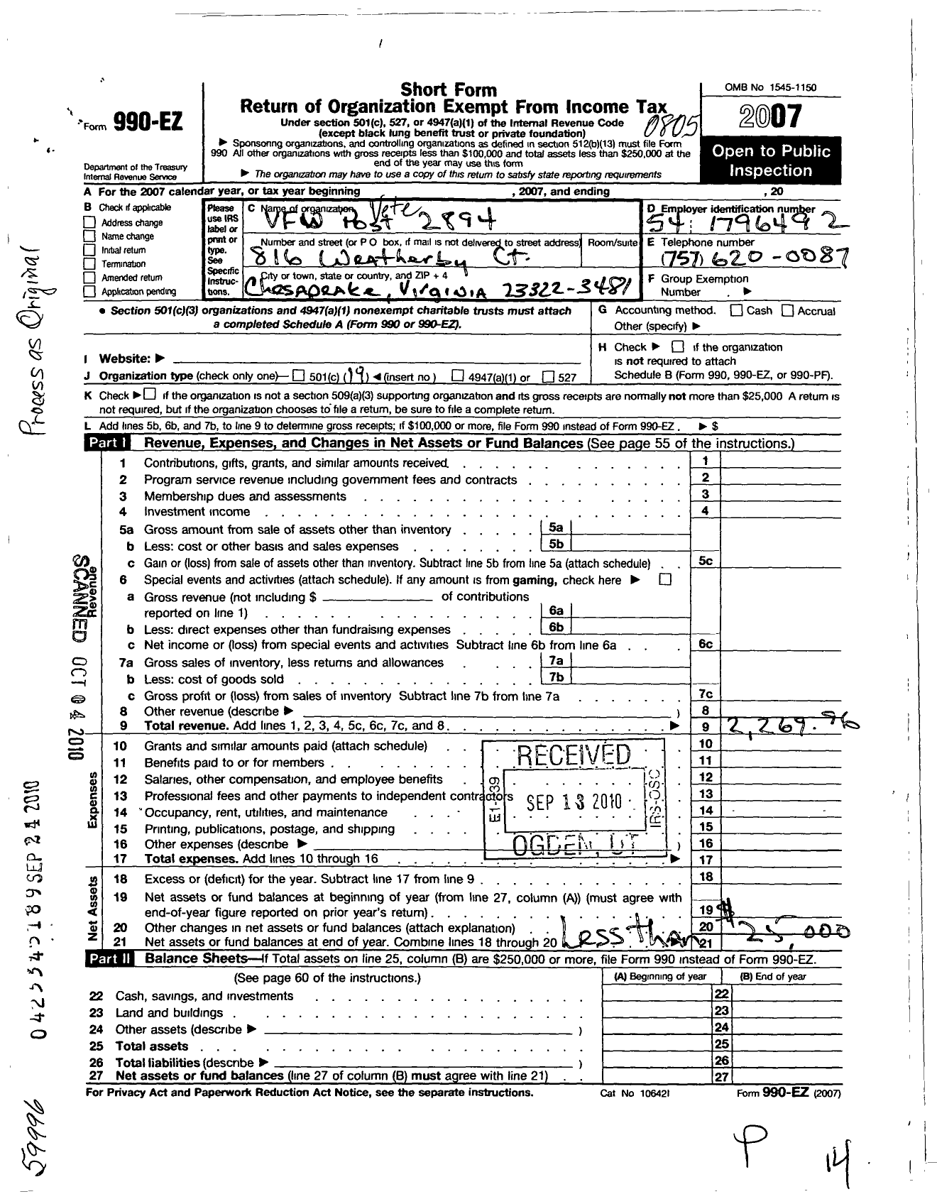 Image of first page of 2007 Form 990EO for VFW Virginia - 2894 Chesapeake