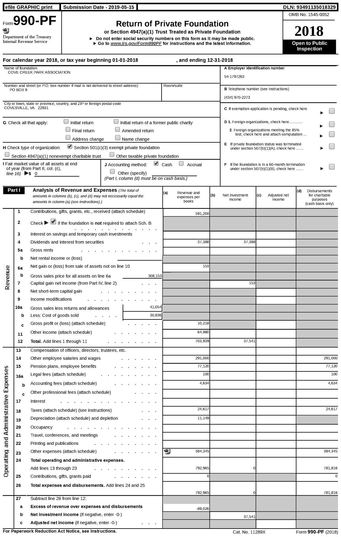 Image of first page of 2018 Form 990PF for Cove Creek Park Association