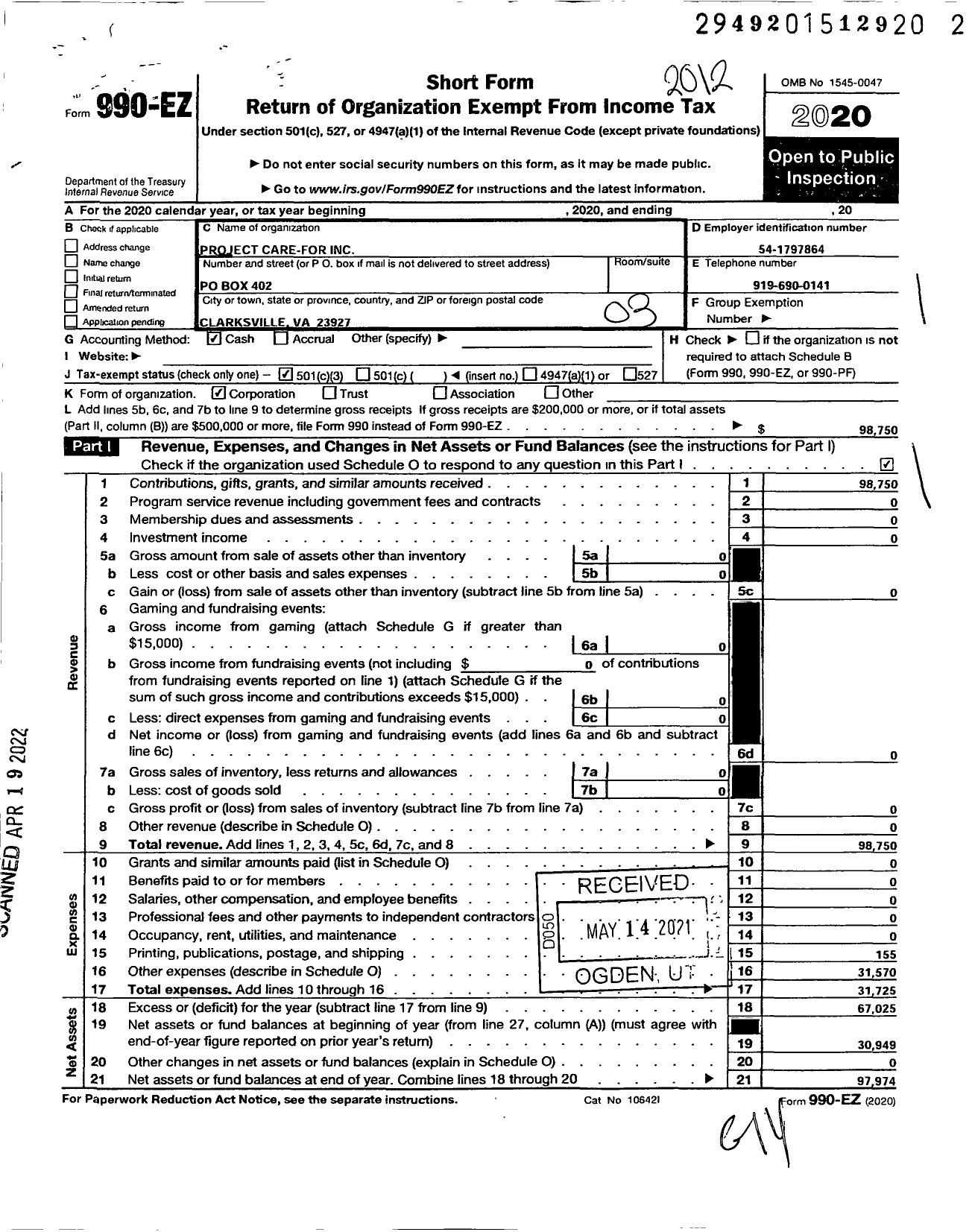 Image of first page of 2020 Form 990EZ for Project Care For