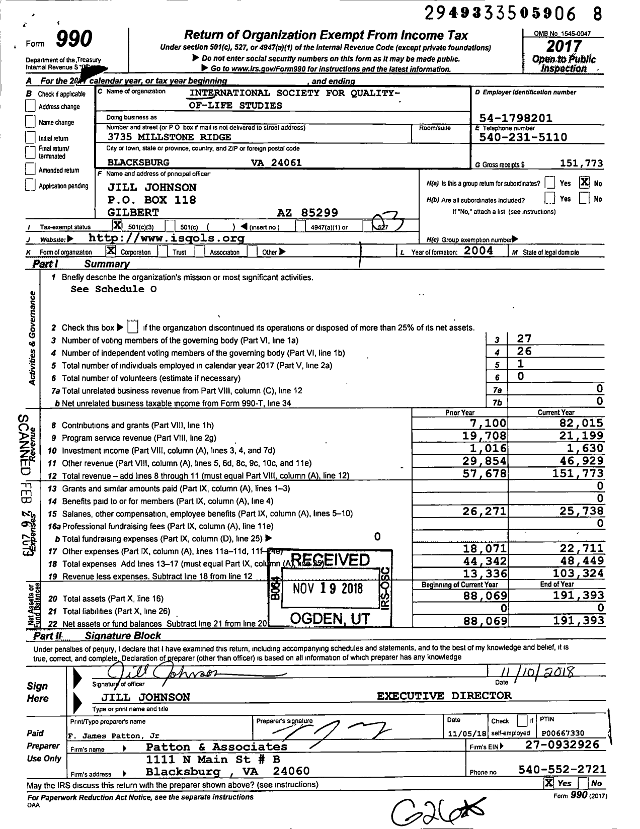 Image of first page of 2017 Form 990 for International Society for Quality- Of-Life Studies