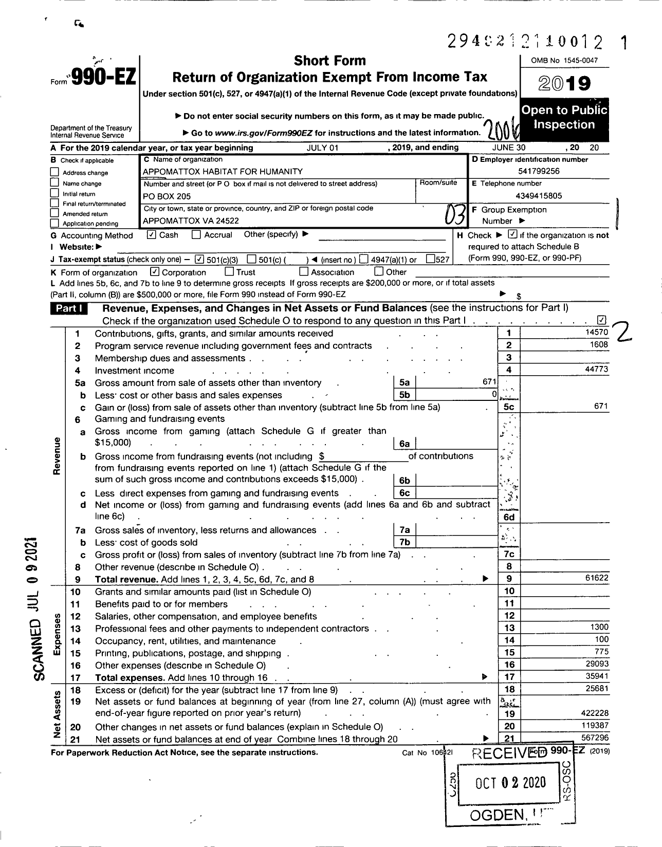 Image of first page of 2019 Form 990EZ for HABITAT For HUMANITY - Appomattox County HFH