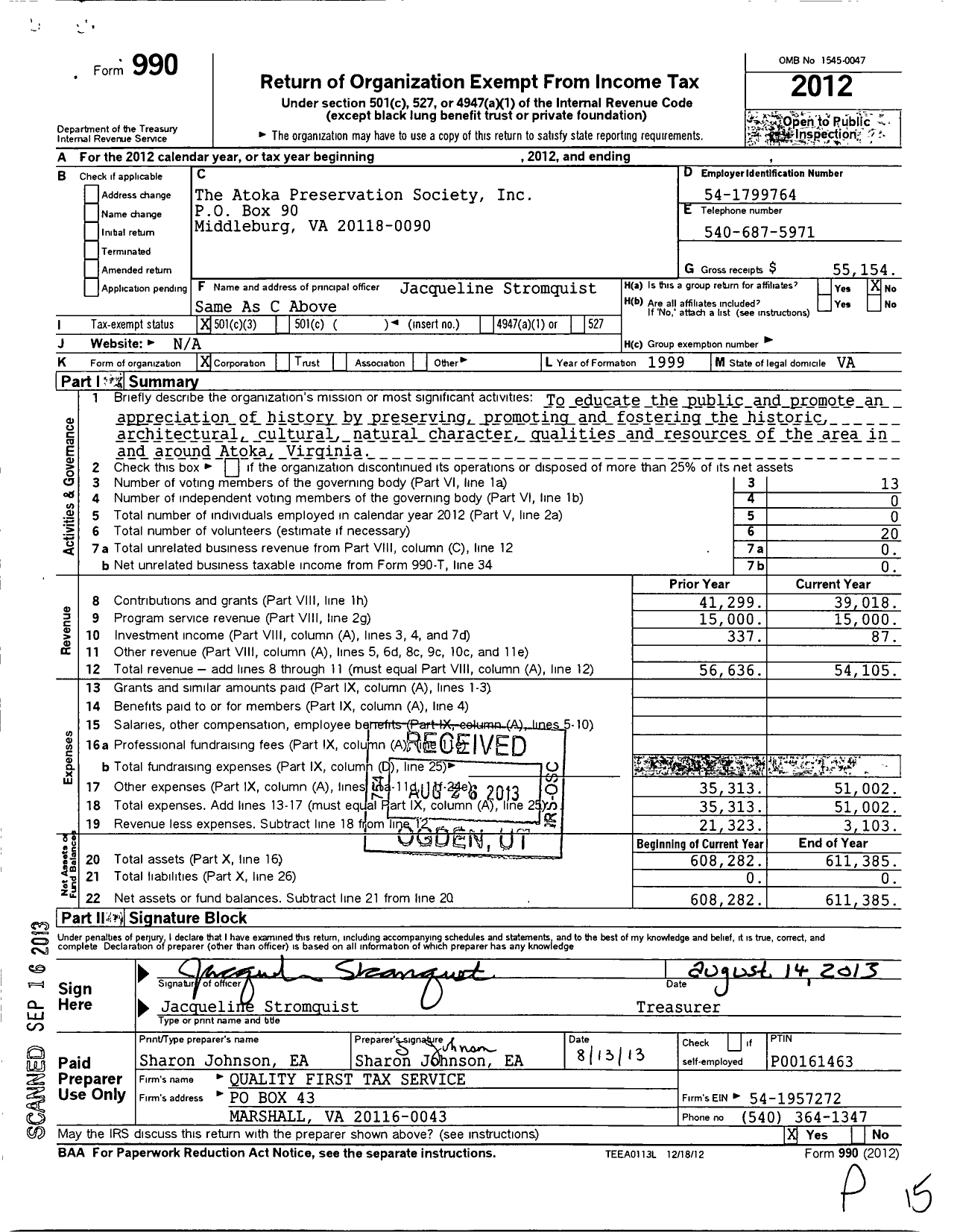 Image of first page of 2012 Form 990 for The Atoka Preservation Society