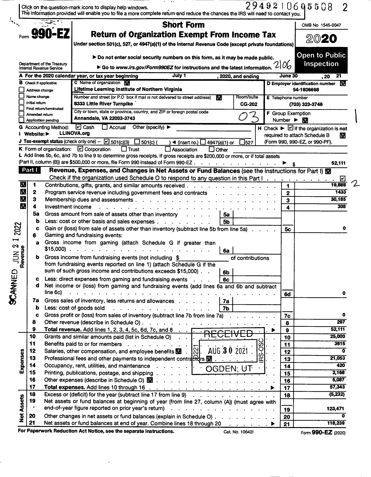 Image of first page of 2020 Form 990EZ for Lifetime Learning Institute of Northern Virginia