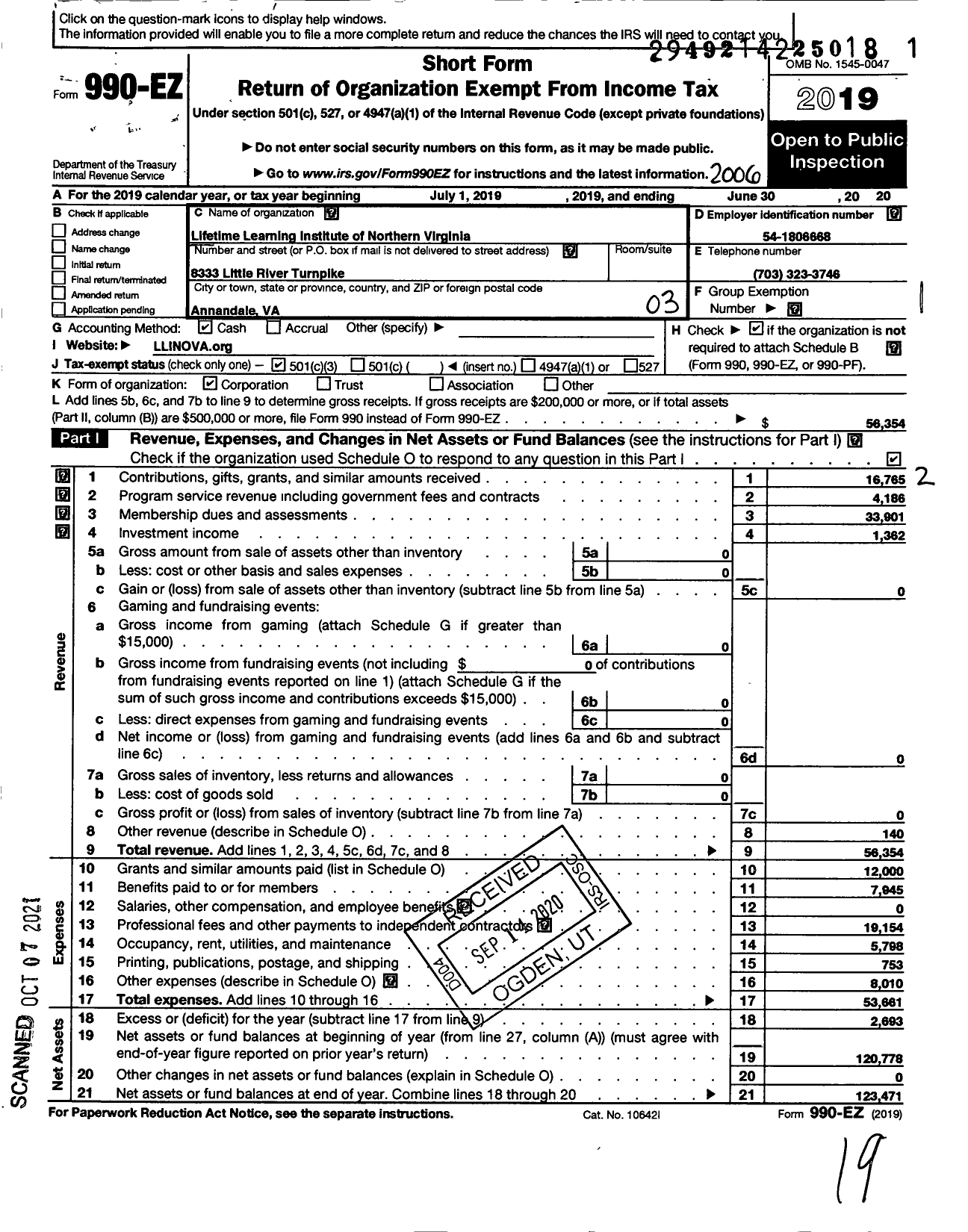 Image of first page of 2019 Form 990EZ for Lifetime Learning Institute of Northern Virginia