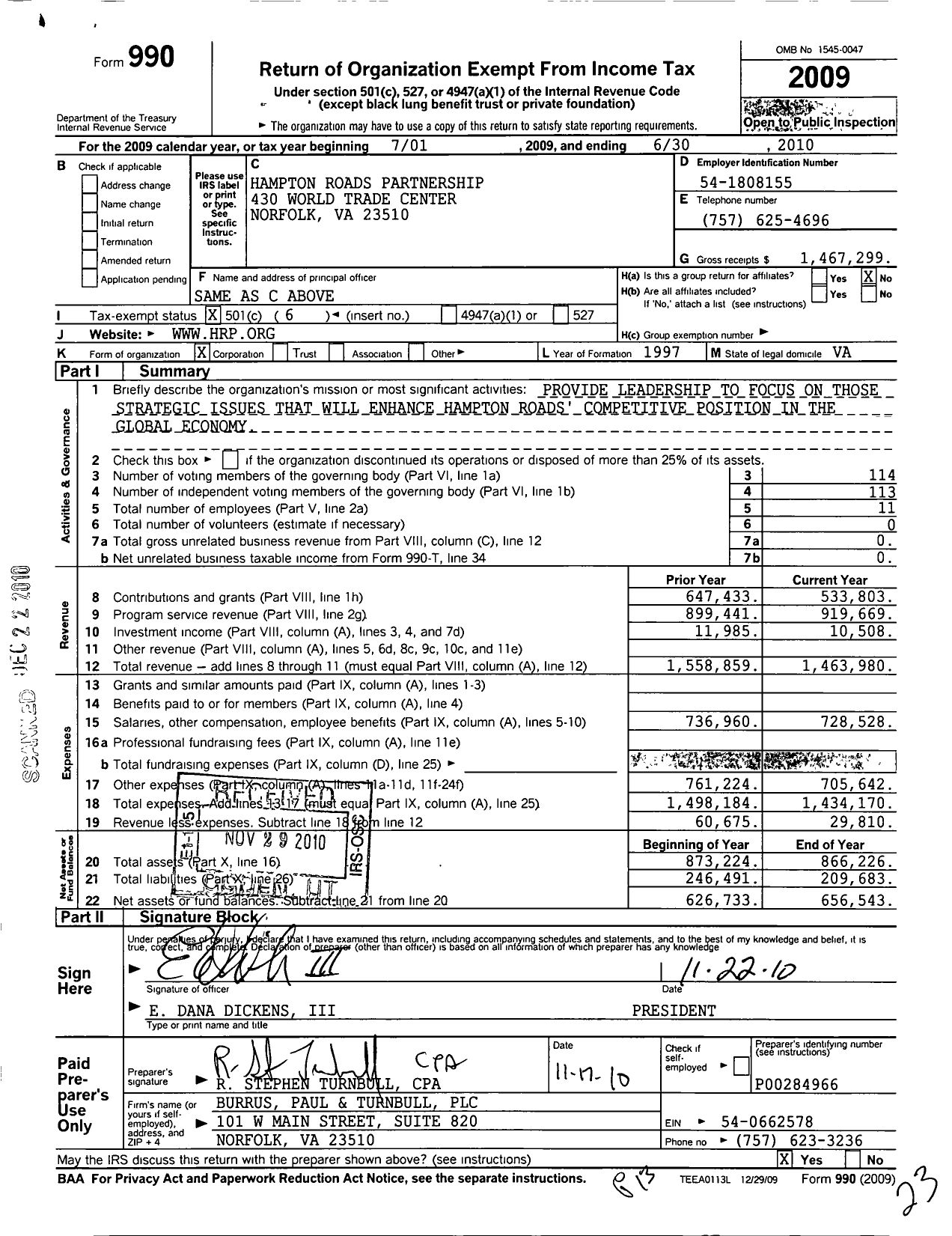 Image of first page of 2009 Form 990O for Hampton Roads Partnership