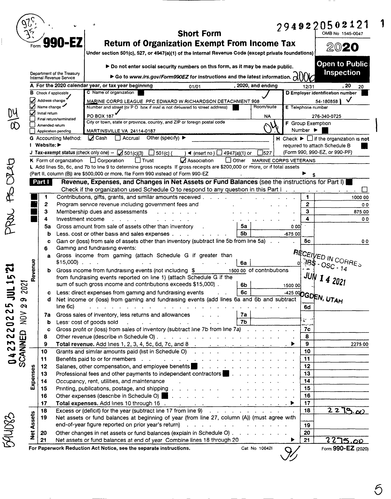 Image of first page of 2019 Form 990EO for Marine Corps League - 908 Edward W Richardson Detachment