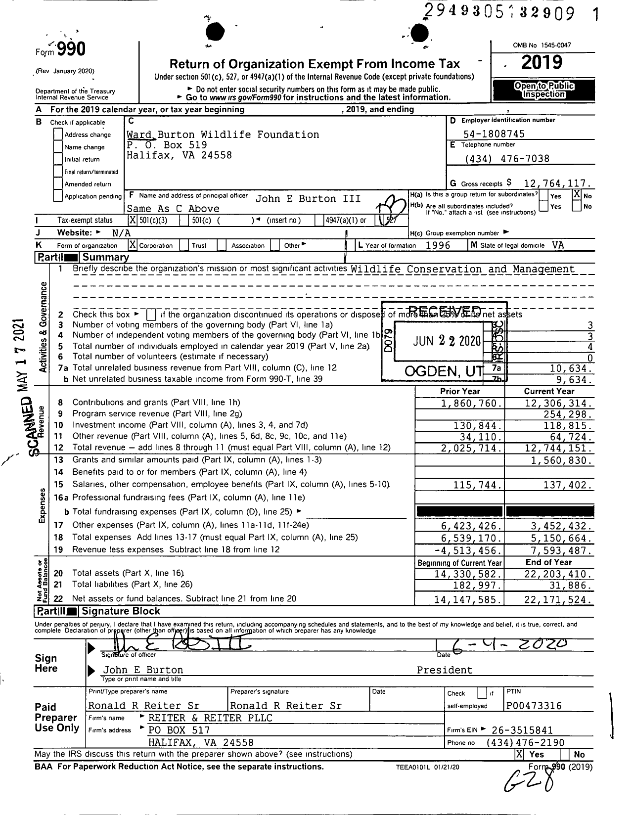 Image of first page of 2019 Form 990 for Ward Burton Wildlife Foundation