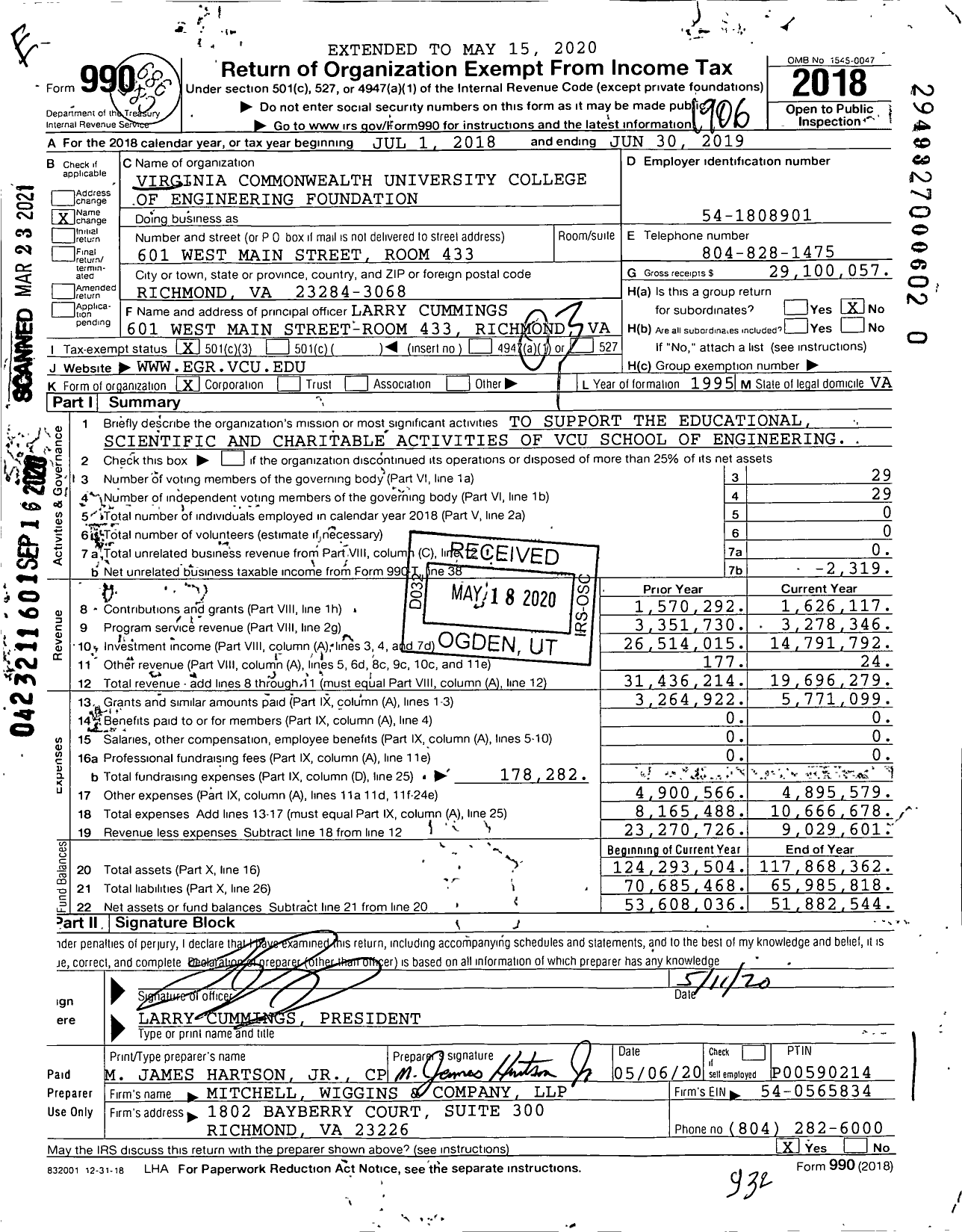 Image of first page of 2018 Form 990 for Virginia Commonwealth University College of Engineering Foundation