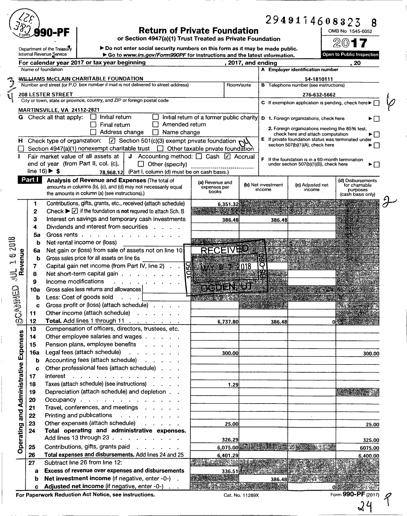 Image of first page of 2017 Form 990PF for Williams Mcclain Charitable Foundation