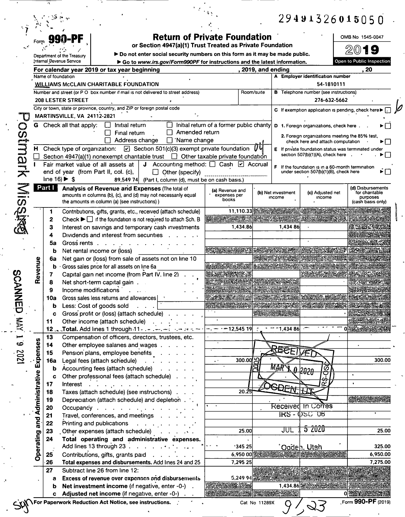 Image of first page of 2019 Form 990PF for Williams Mcclain Charitable Foundation