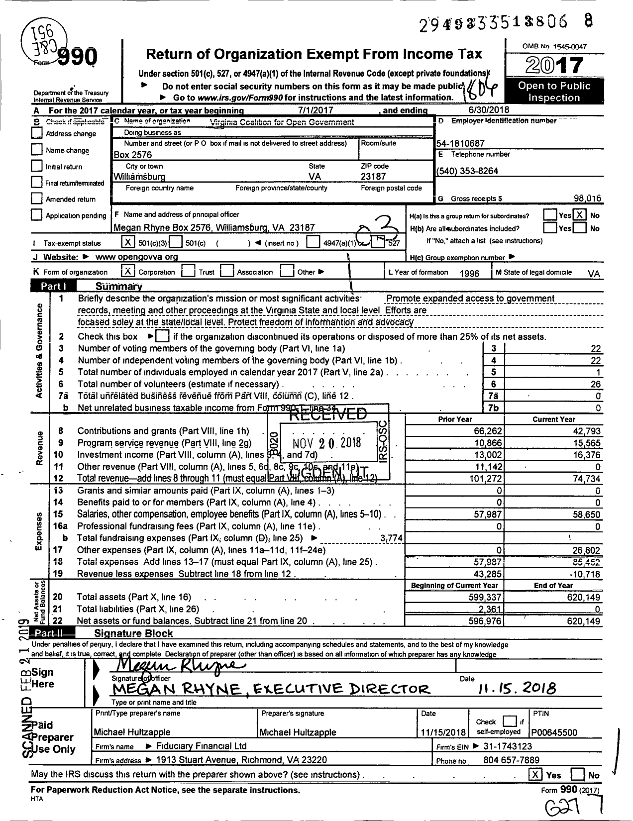 Image of first page of 2017 Form 990 for Virginia Coalition for Open Government