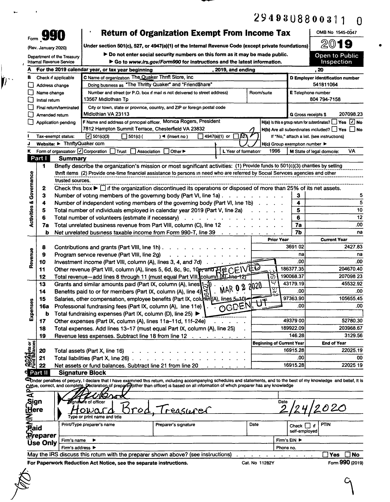 Image of first page of 2019 Form 990 for The Thrifty Quaker Friend Share