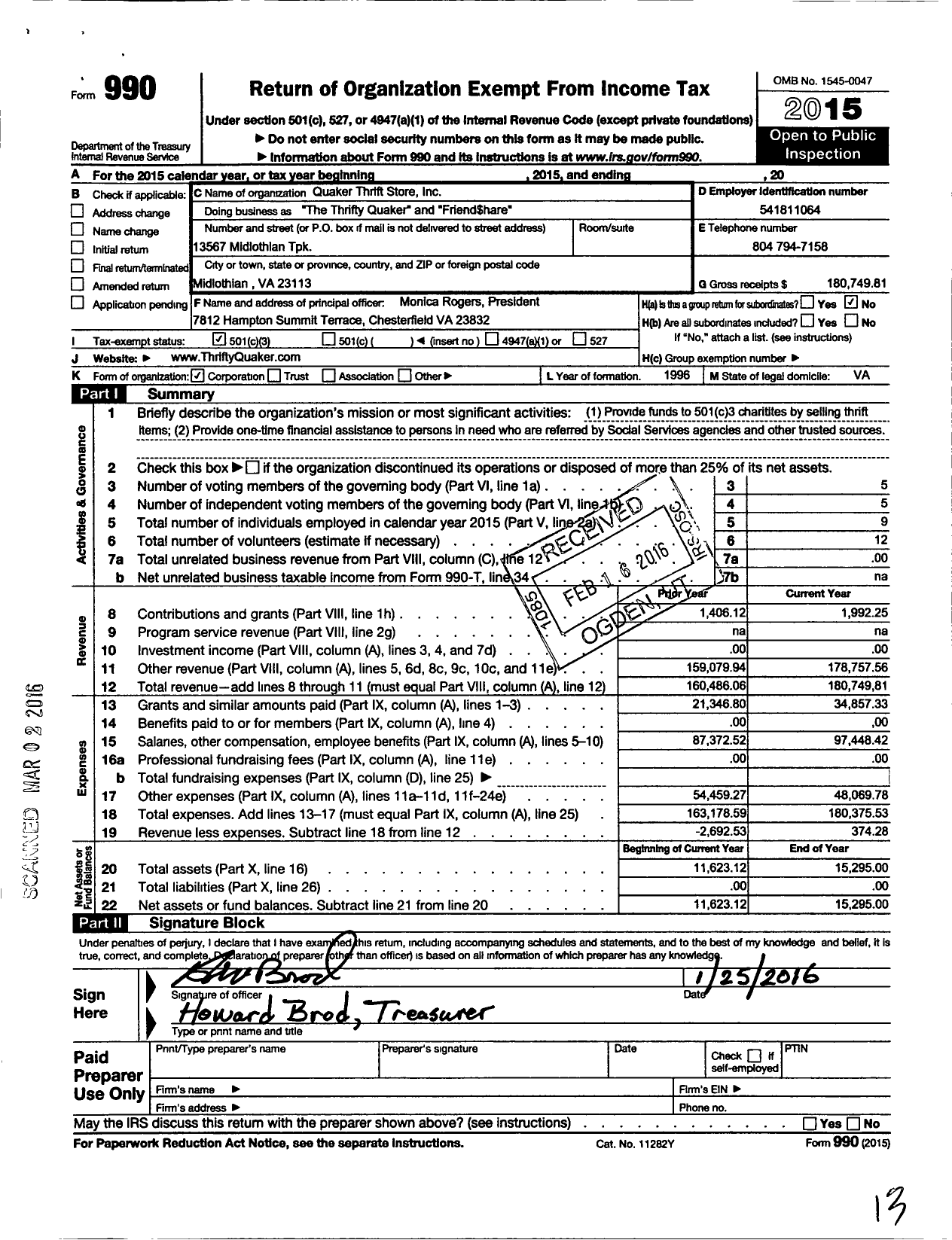 Image of first page of 2015 Form 990 for The Thrifty Quaker Friend Share