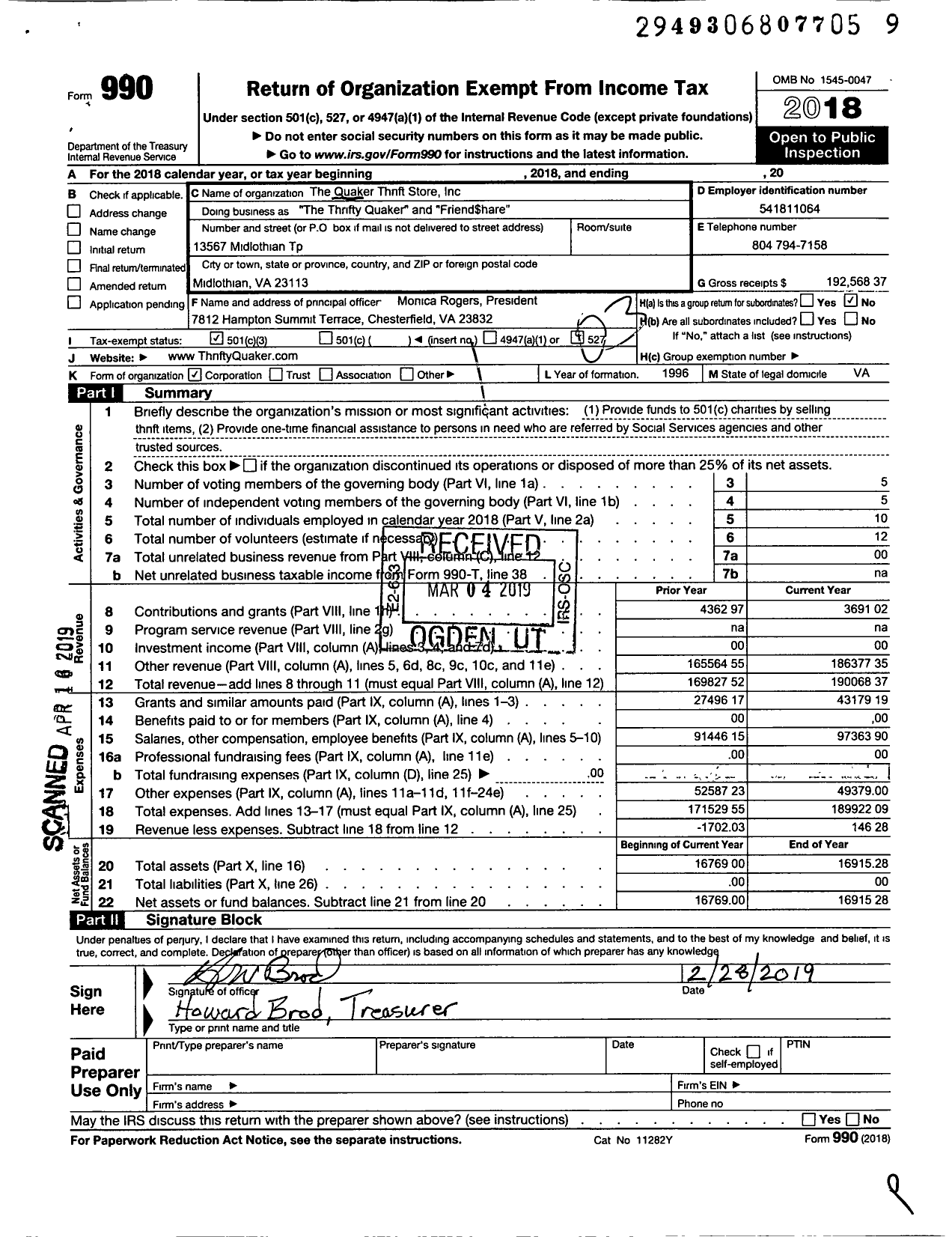 Image of first page of 2018 Form 990 for The Thrifty Quaker Friend Share