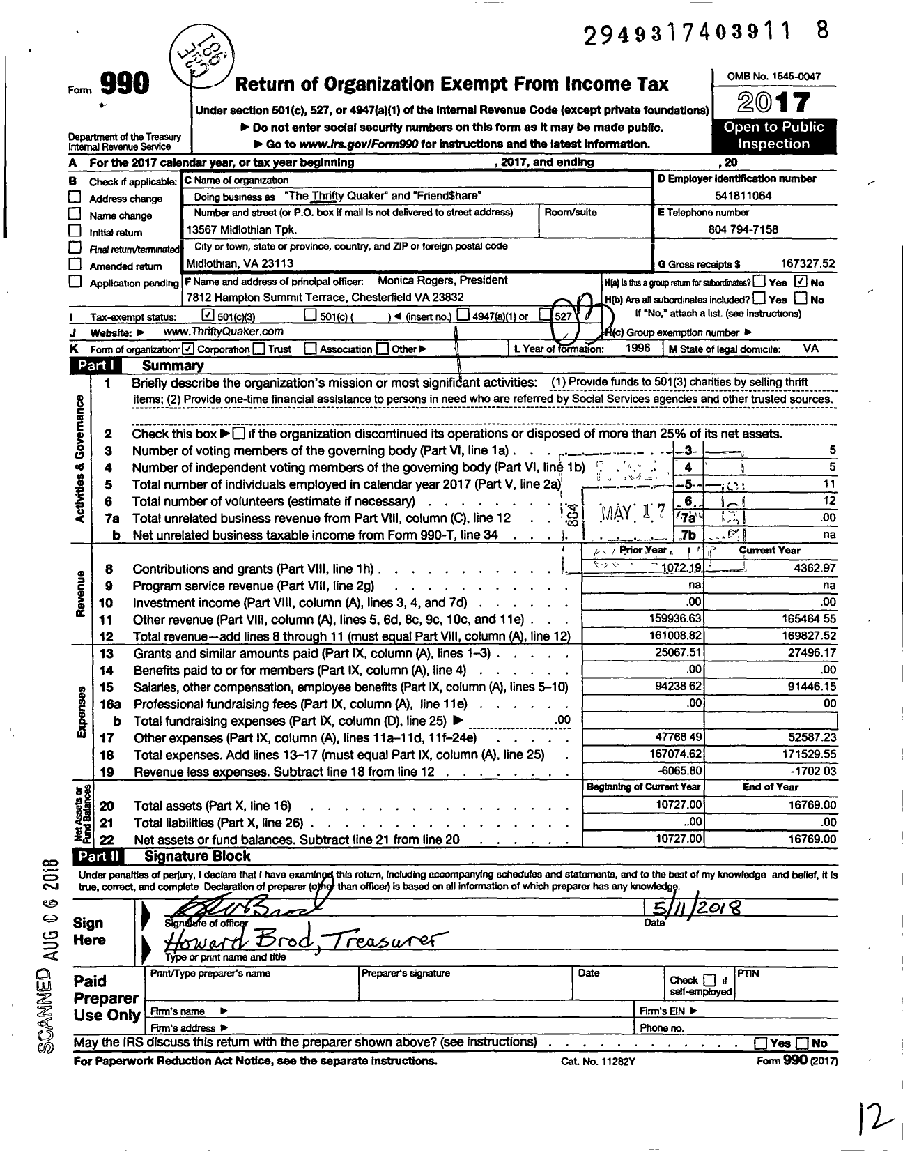 Image of first page of 2017 Form 990 for The Thrifty Quaker Friend Share