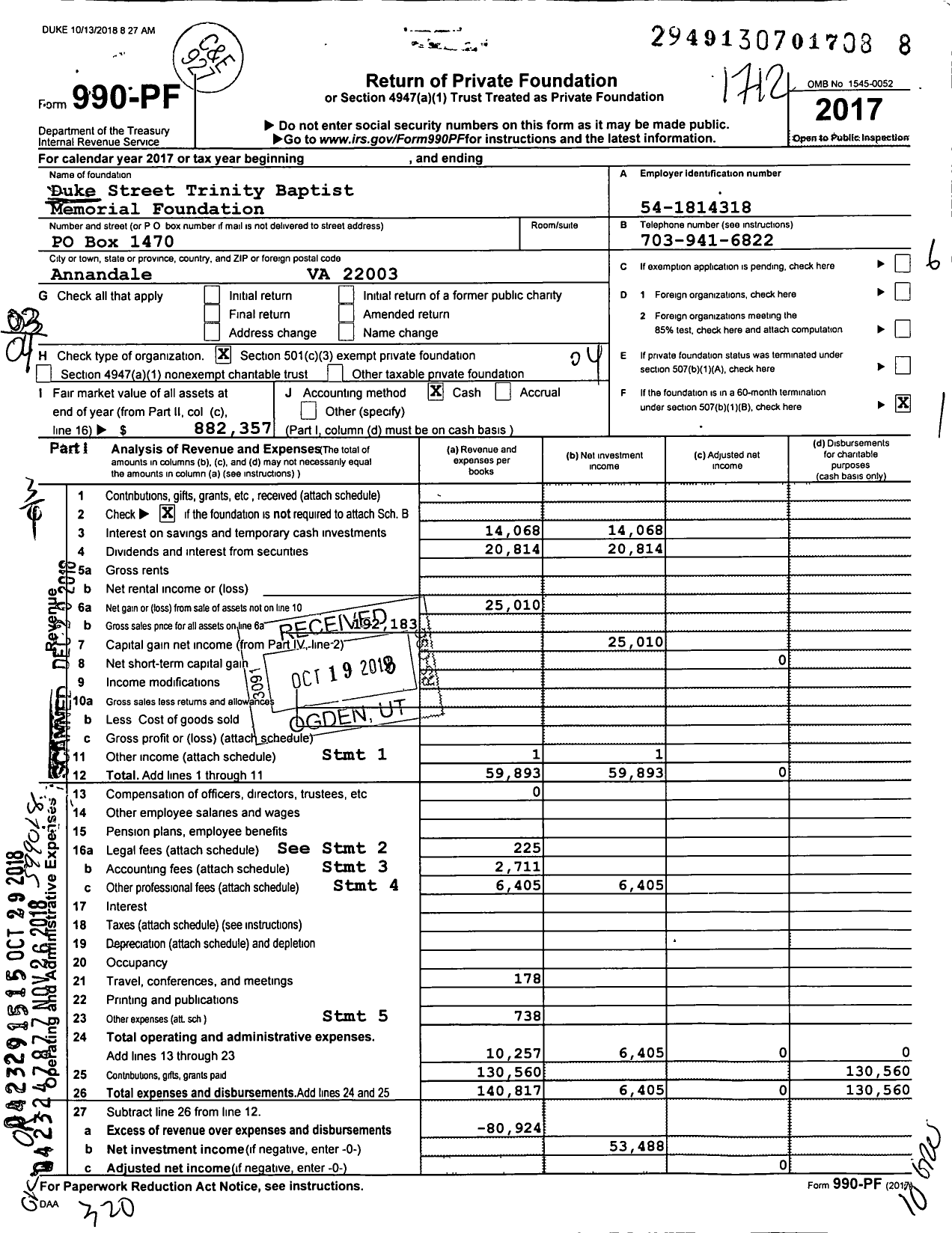 Image of first page of 2017 Form 990PF for Duke Street Trinity Baptist Memorial Foundation