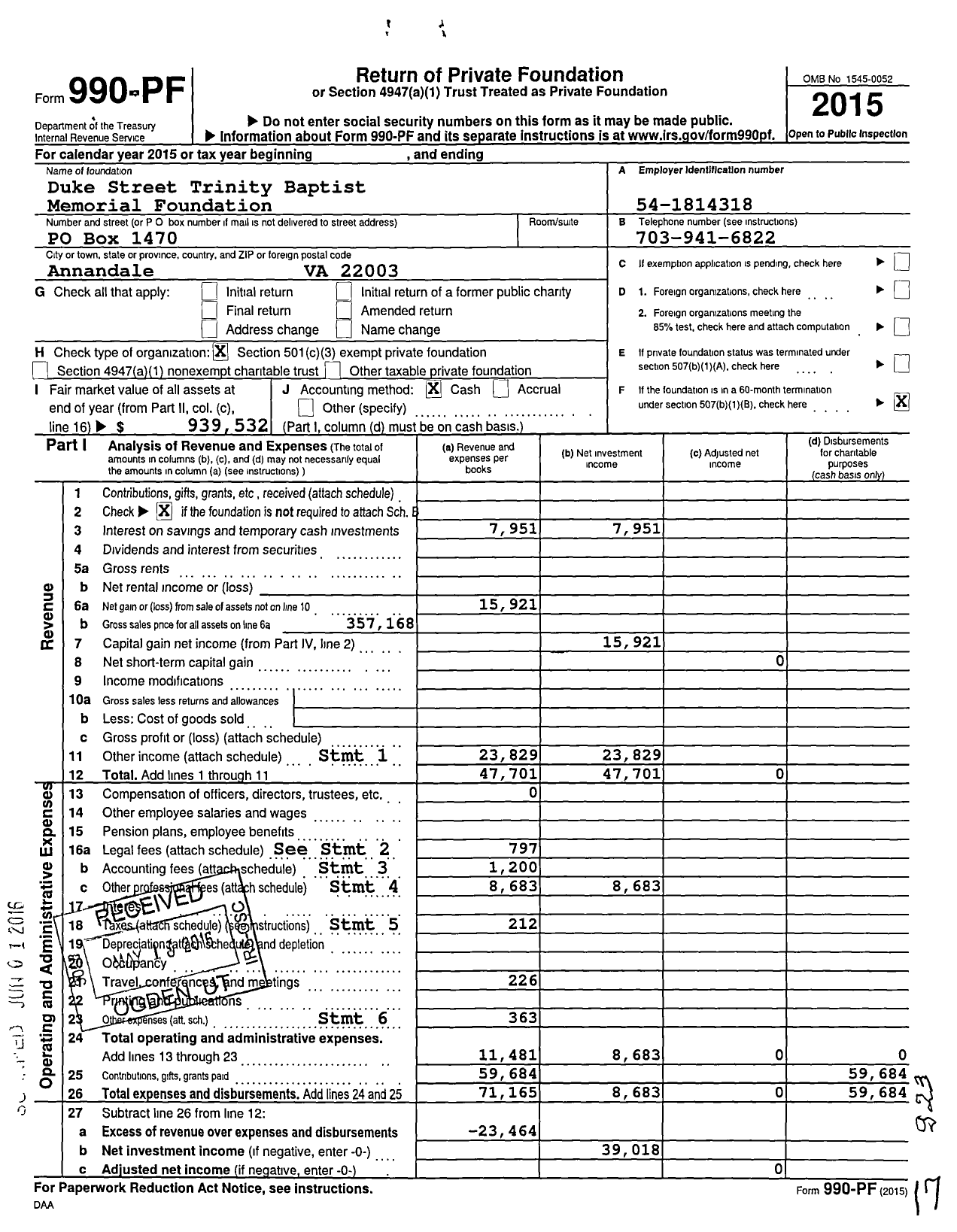 Image of first page of 2015 Form 990PF for Duke Street Trinity Baptist Memorial Foundation