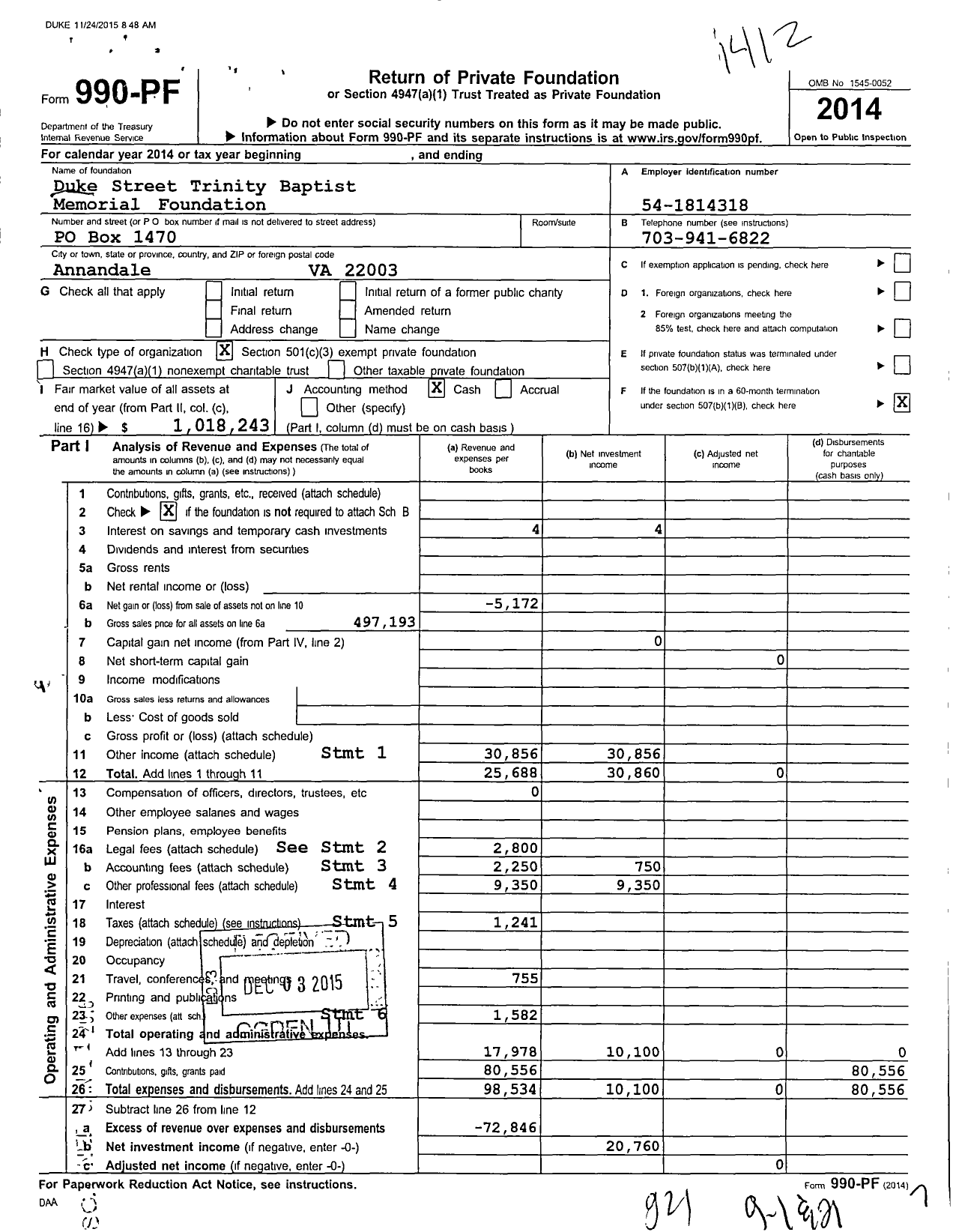 Image of first page of 2014 Form 990PF for Duke Street Trinity Baptist Memorial Foundation