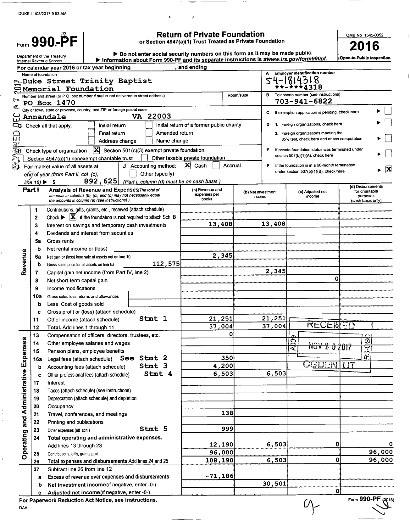 Image of first page of 2016 Form 990PF for Duke Street Trinity Baptist Memorial Foundation