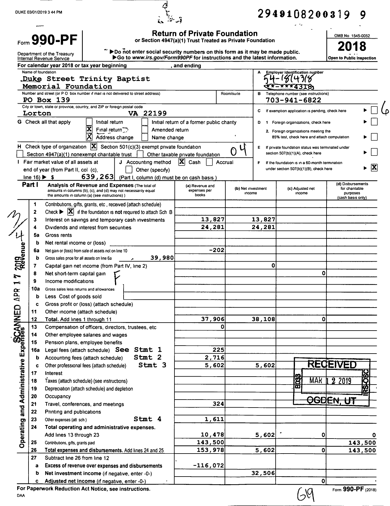 Image of first page of 2018 Form 990PF for Duke Street Trinity Baptist Memorial Foundation