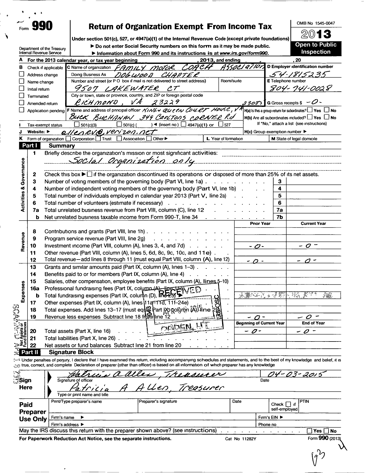 Image of first page of 2013 Form 990O for Family Motor Coach Association / Dogwood