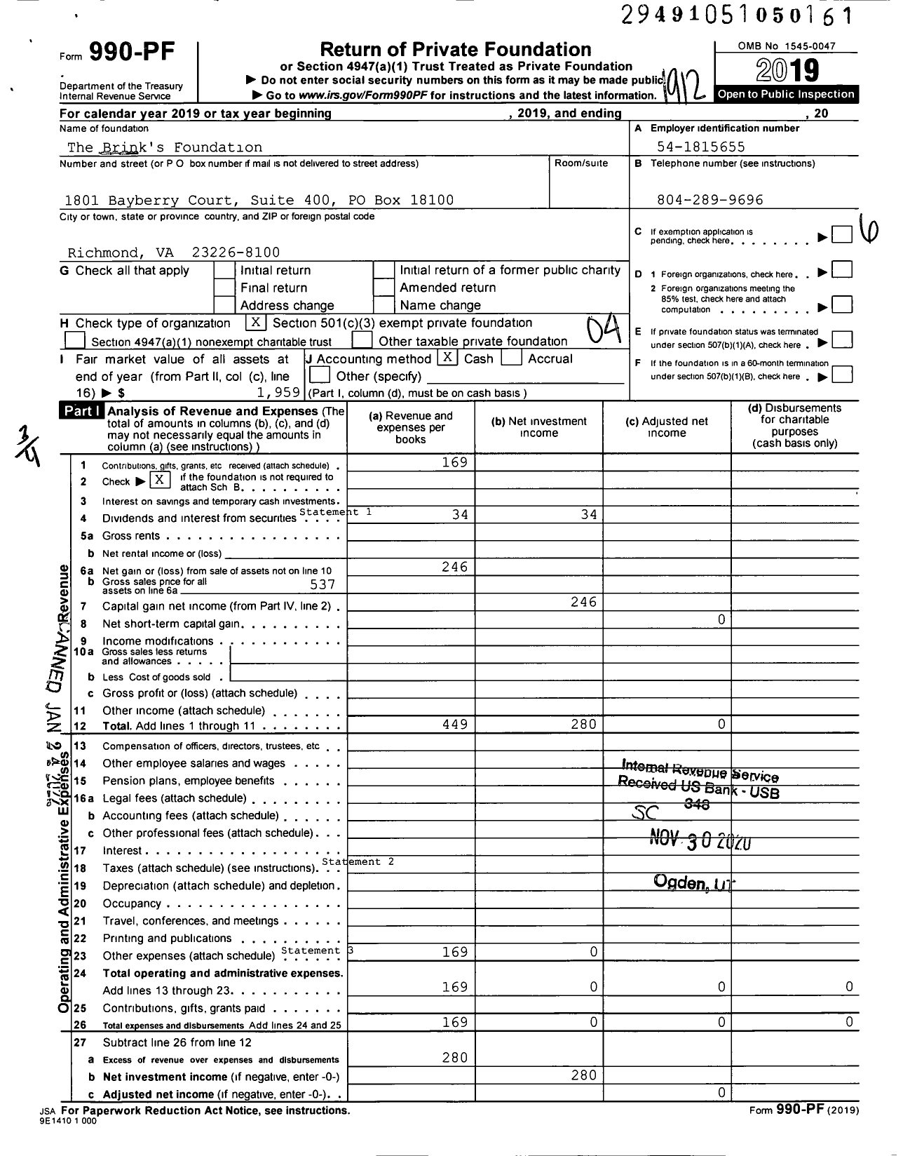 Image of first page of 2019 Form 990PF for The Brink's Foundation