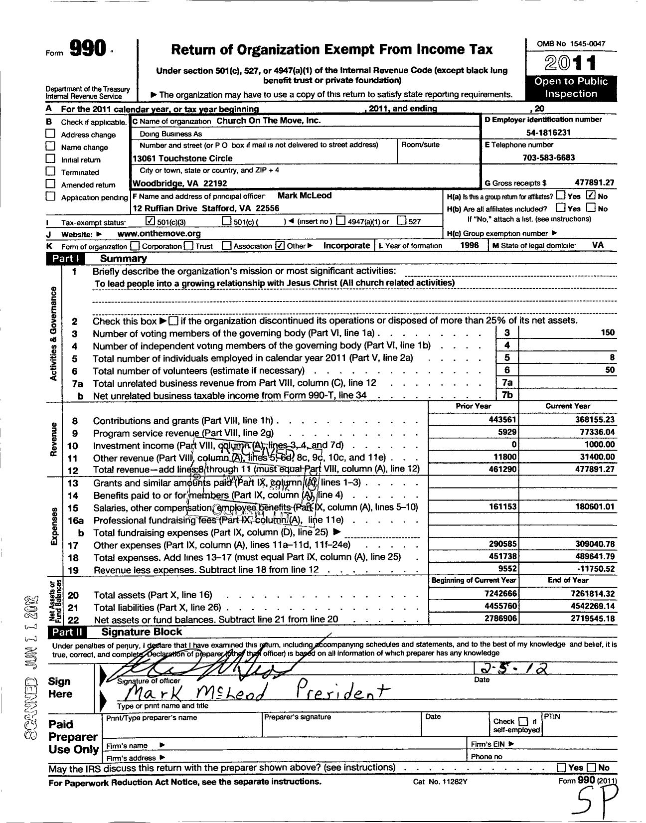 Image of first page of 2011 Form 990 for Move Church / Church on the Move