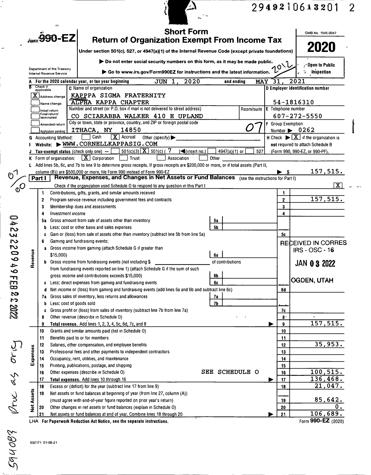 Image of first page of 2020 Form 990EO for Kappa Sigma Fraternity - Alpha Kappa Chapter