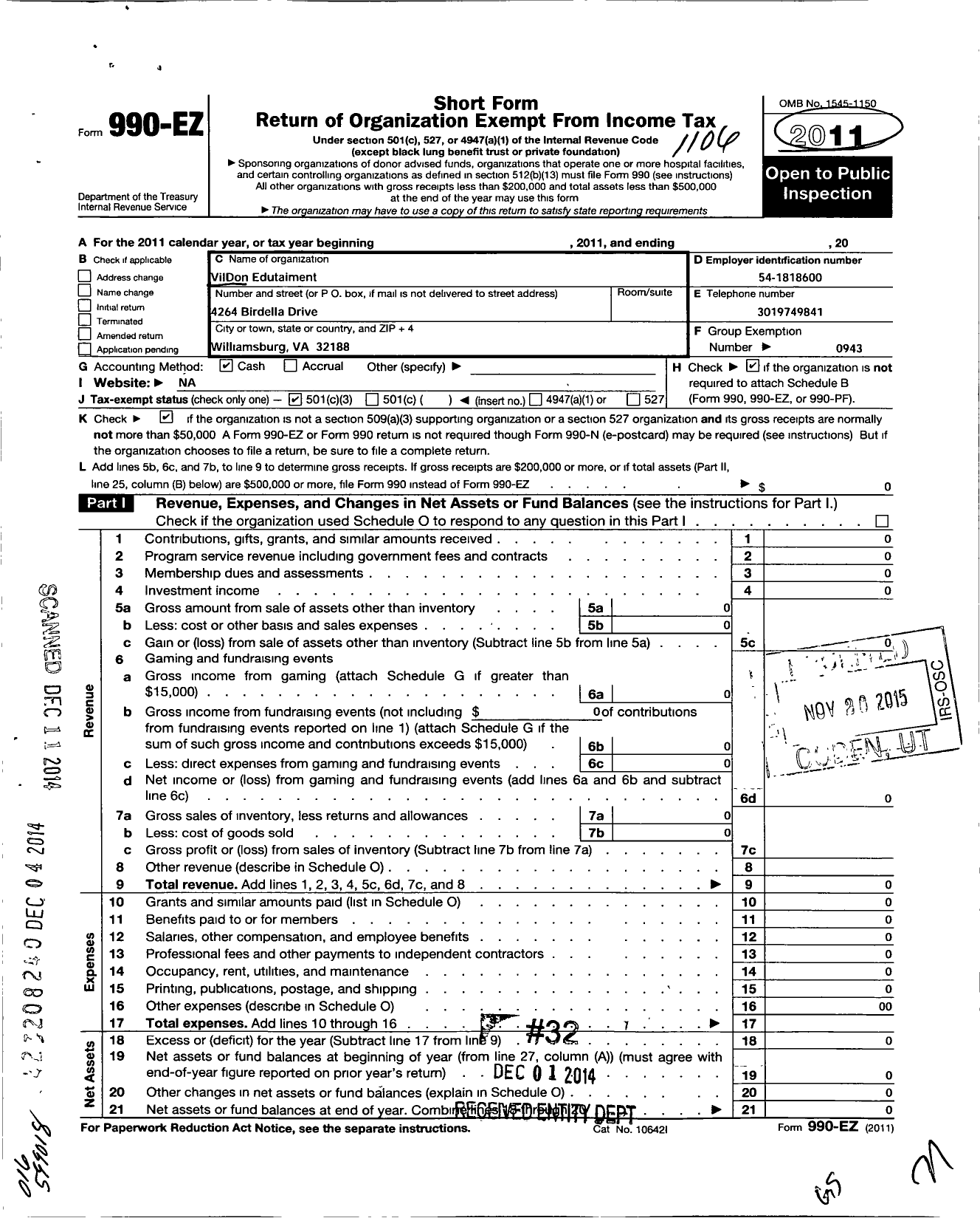 Image of first page of 2010 Form 990EZ for Vildon Edutainment