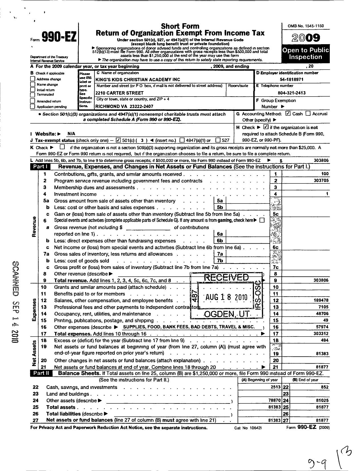 Image of first page of 2009 Form 990EZ for Kings Kids Christian Academy