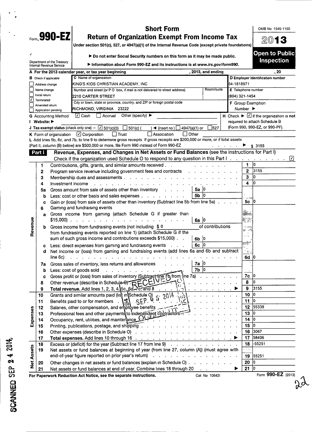 Image of first page of 2013 Form 990EZ for Kings Kids Christian Academy