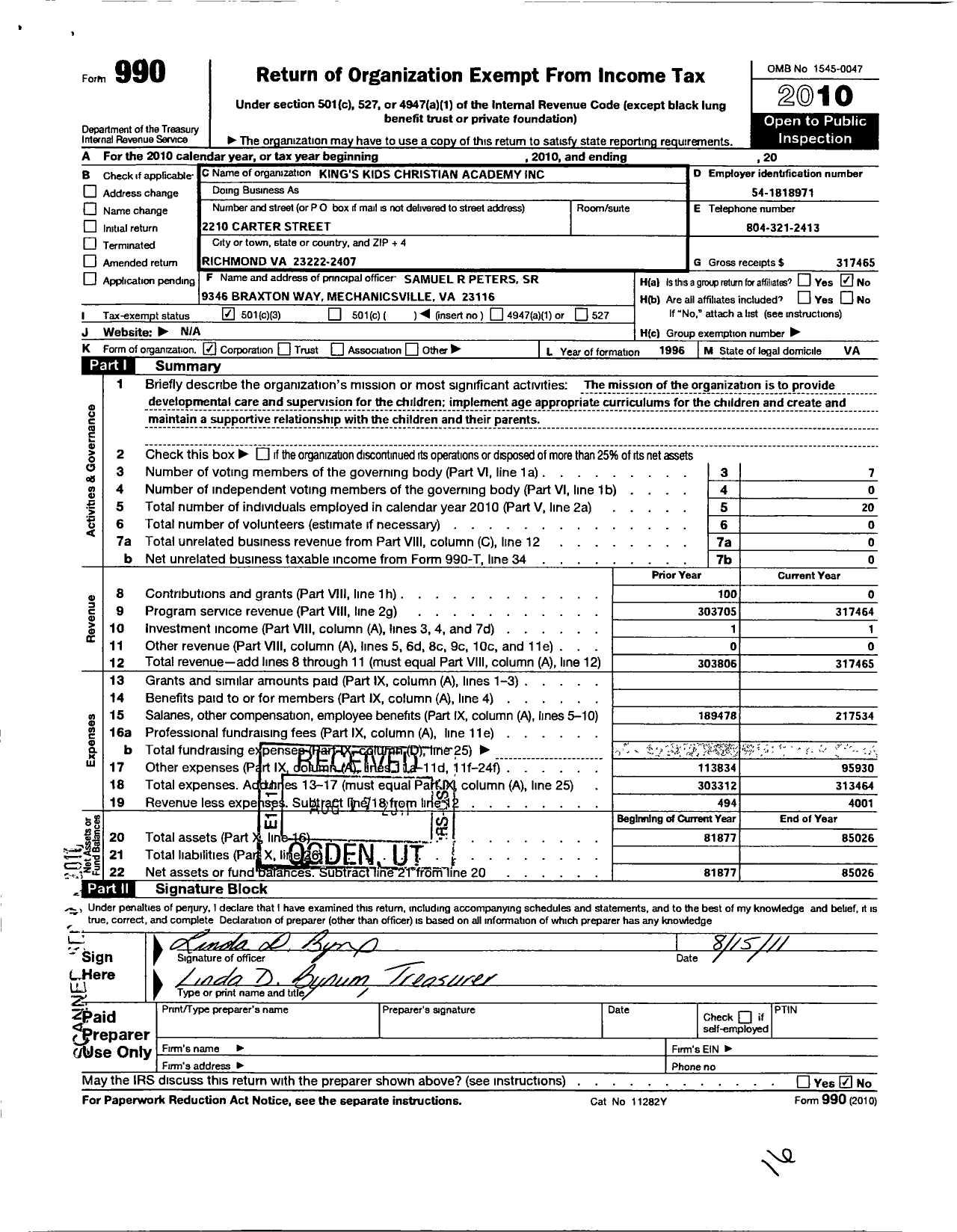 Image of first page of 2010 Form 990 for Kings Kids Christian Academy