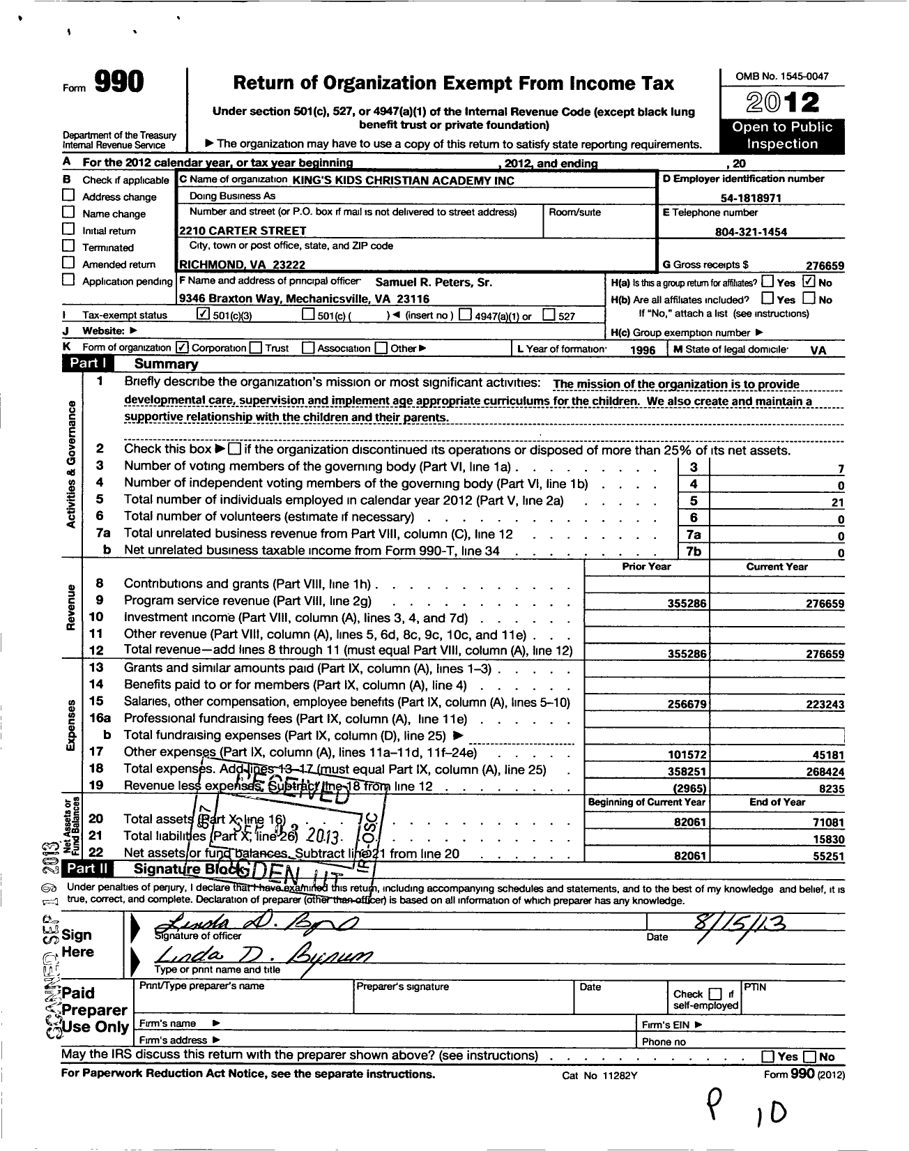 Image of first page of 2012 Form 990 for Kings Kids Christian Academy