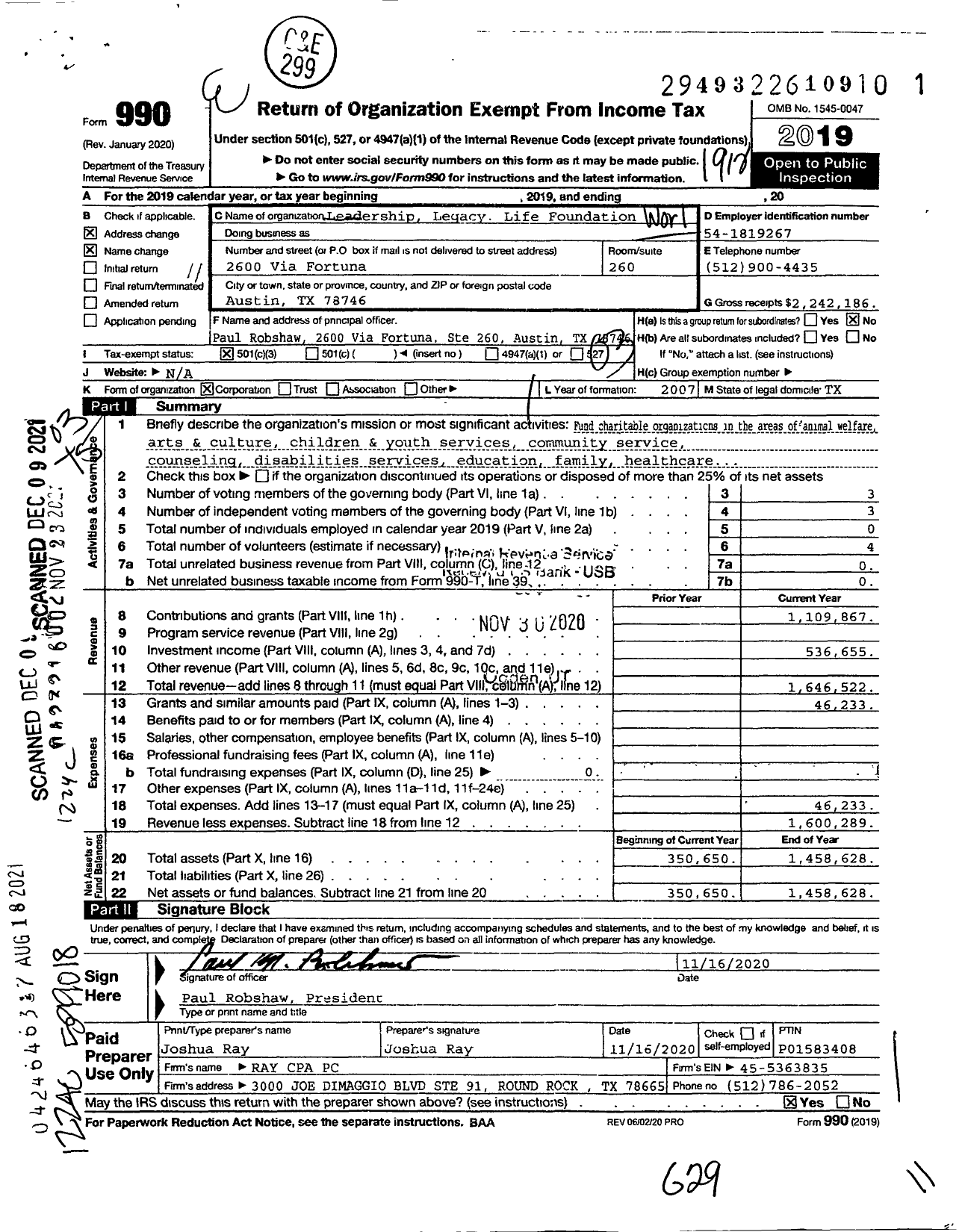 Image of first page of 2019 Form 990 for Leadership Legacy Life Foundation