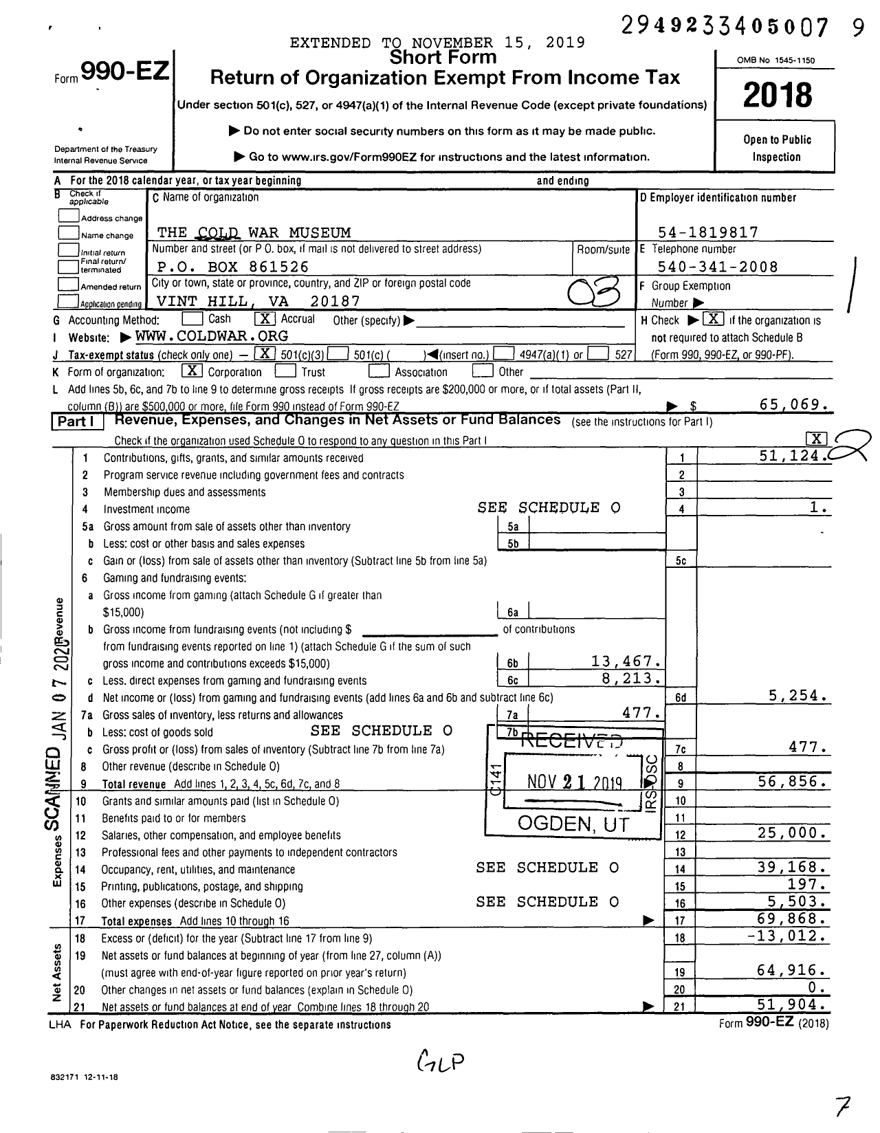 Image of first page of 2018 Form 990EZ for The Cold War Museum