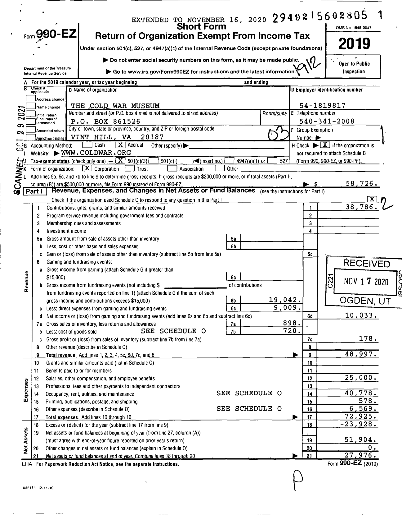 Image of first page of 2019 Form 990EZ for The Cold War Museum