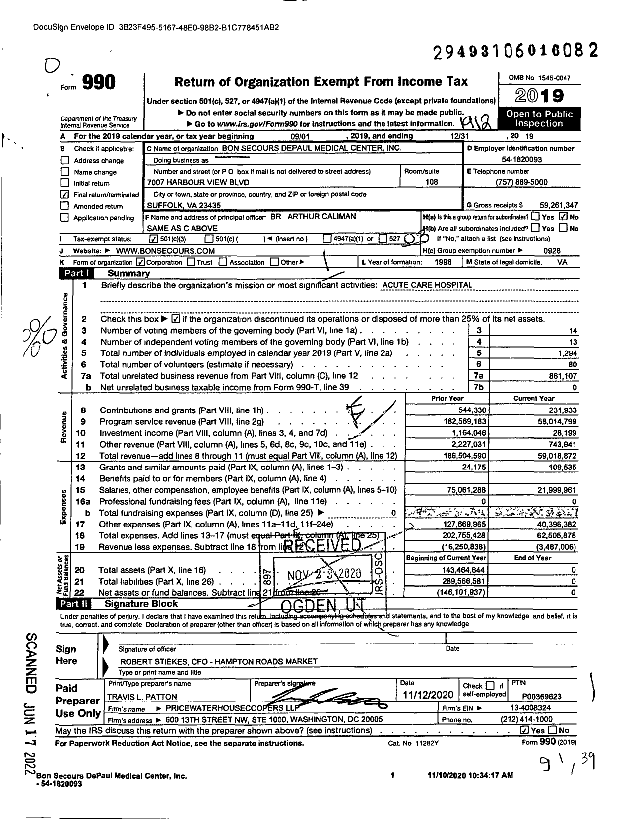 Image of first page of 2019 Form 990O for Bon Secours Depaul Medical Center