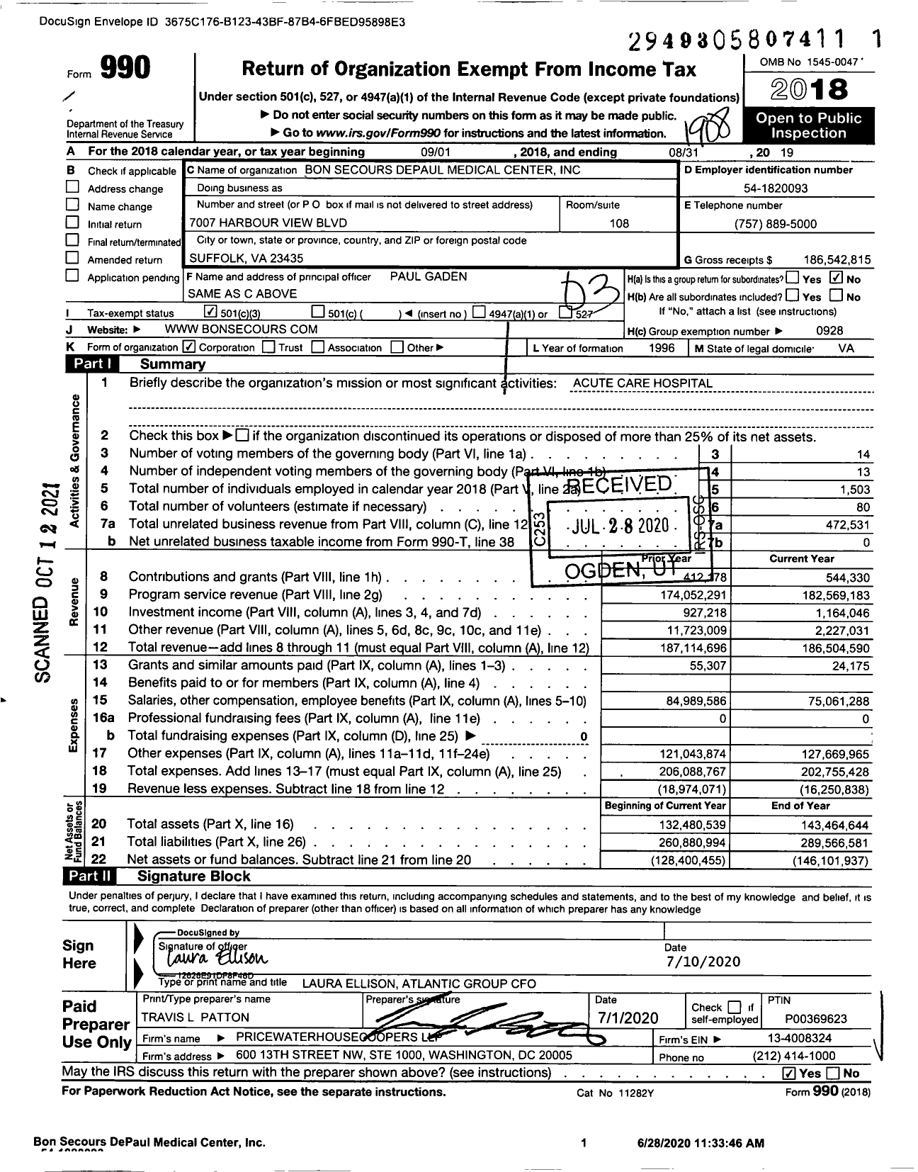 Image of first page of 2018 Form 990 for Bon Secours Depaul Medical Center